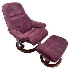 Used Scandinavian Ekornes Stressless Adjustable Purple Suede  Recliner & Ottoman 