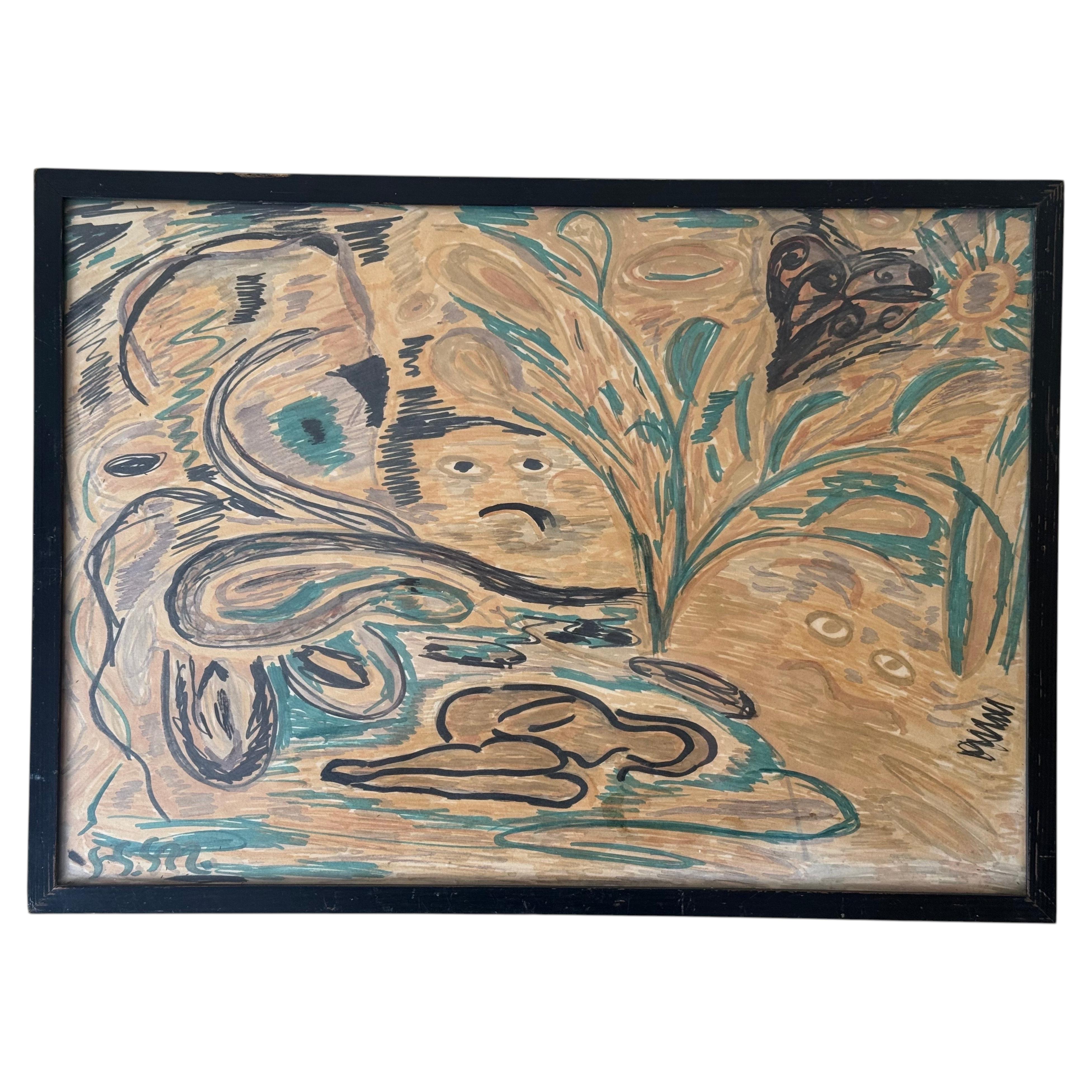 Scandinavian Expressionist Symbolist Watercolor, Sweden, 1960s–70s, Monogrammed