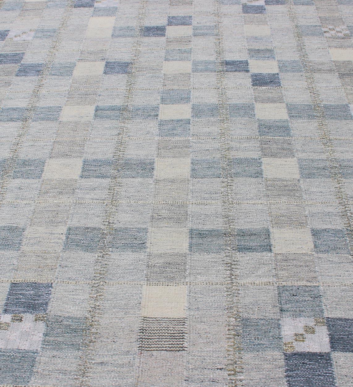 Scandinavian Flat-Weave Design Rug with Checkerboard Design in Gray and Blue 2