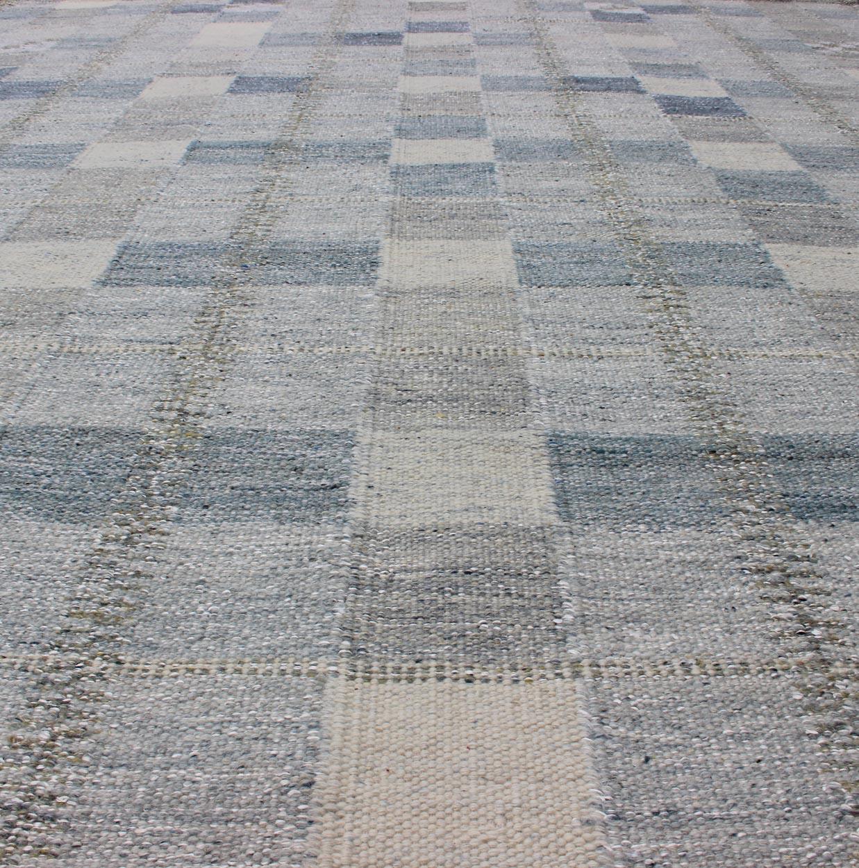 Scandinavian Flat-Weave Design Rug with Checkerboard Design in Gray and Blue 4