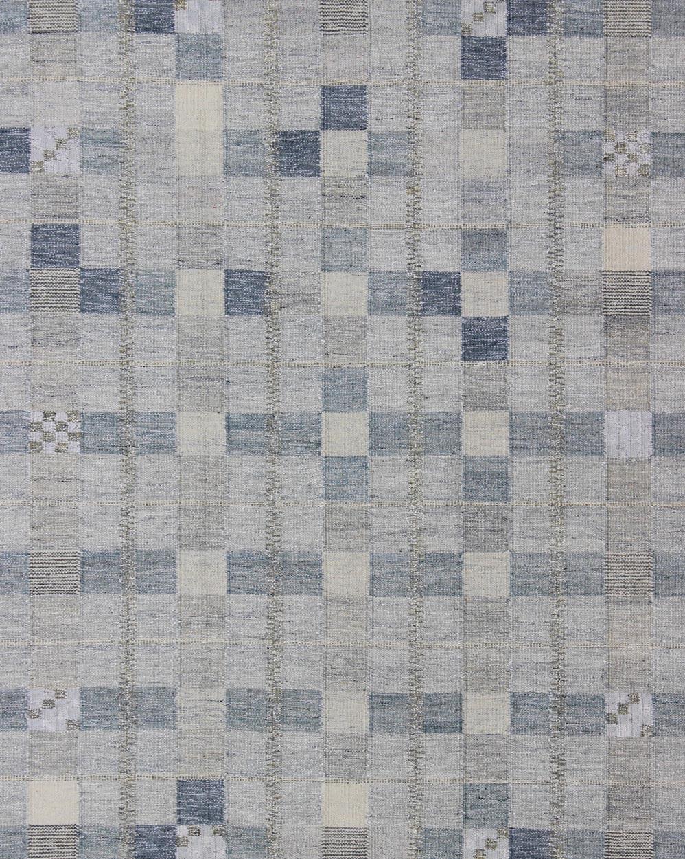 Scandinavian Modern Scandinavian Flat-Weave Design Rug with Checkerboard Design in Gray and Blue