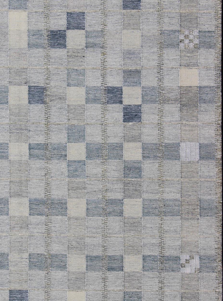 Indian Scandinavian Flat-Weave Design Rug with Checkerboard Design in Gray and Blue