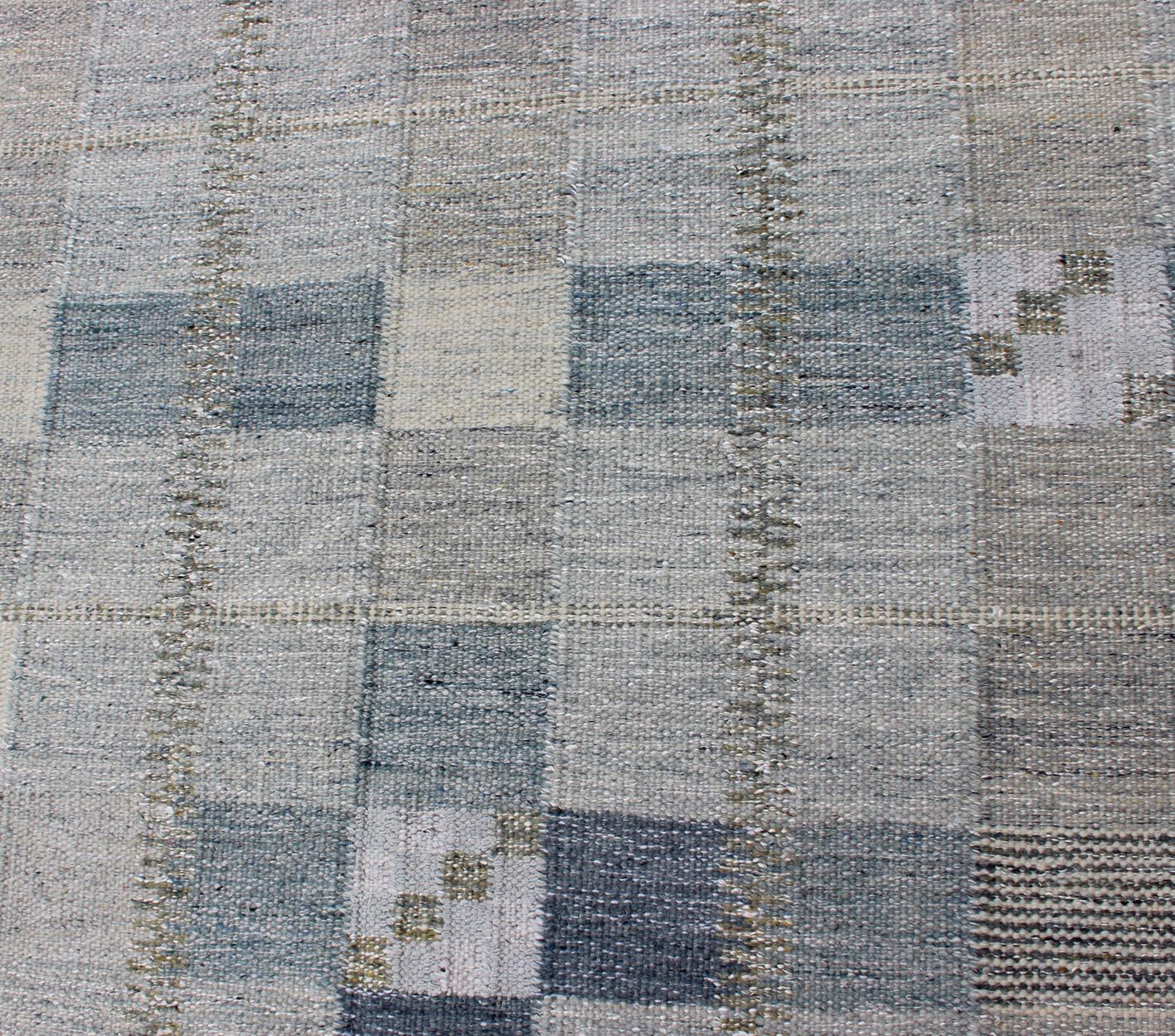 Contemporary Scandinavian Flat-Weave Design Rug with Checkerboard Design in Gray and Blue
