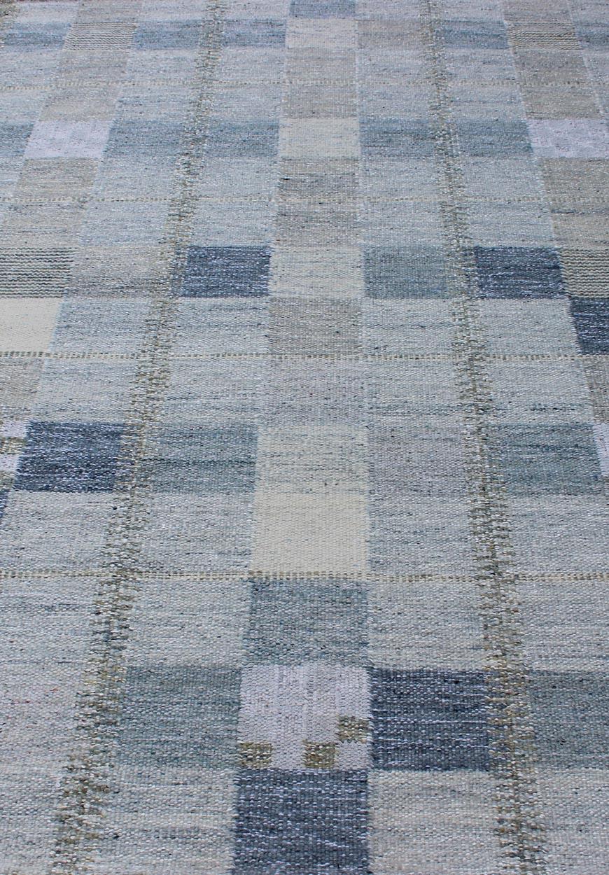 Contemporary Scandinavian Style Flat-Weave Design Rug with Checkerboard Design in Gray, Blue For Sale