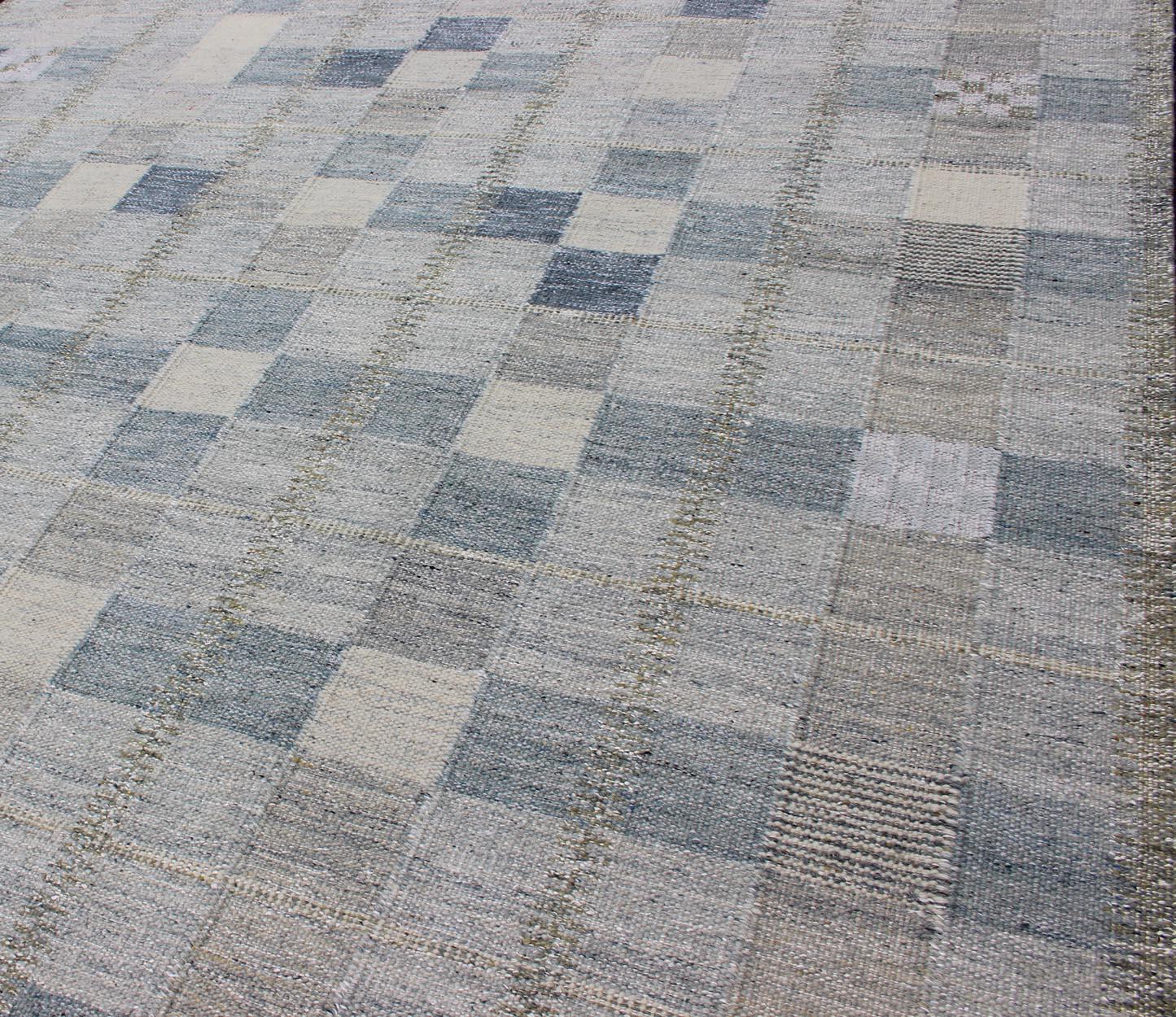 Scandinavian Flat-Weave Design Rug with Checkerboard Design in Gray and Blue 1