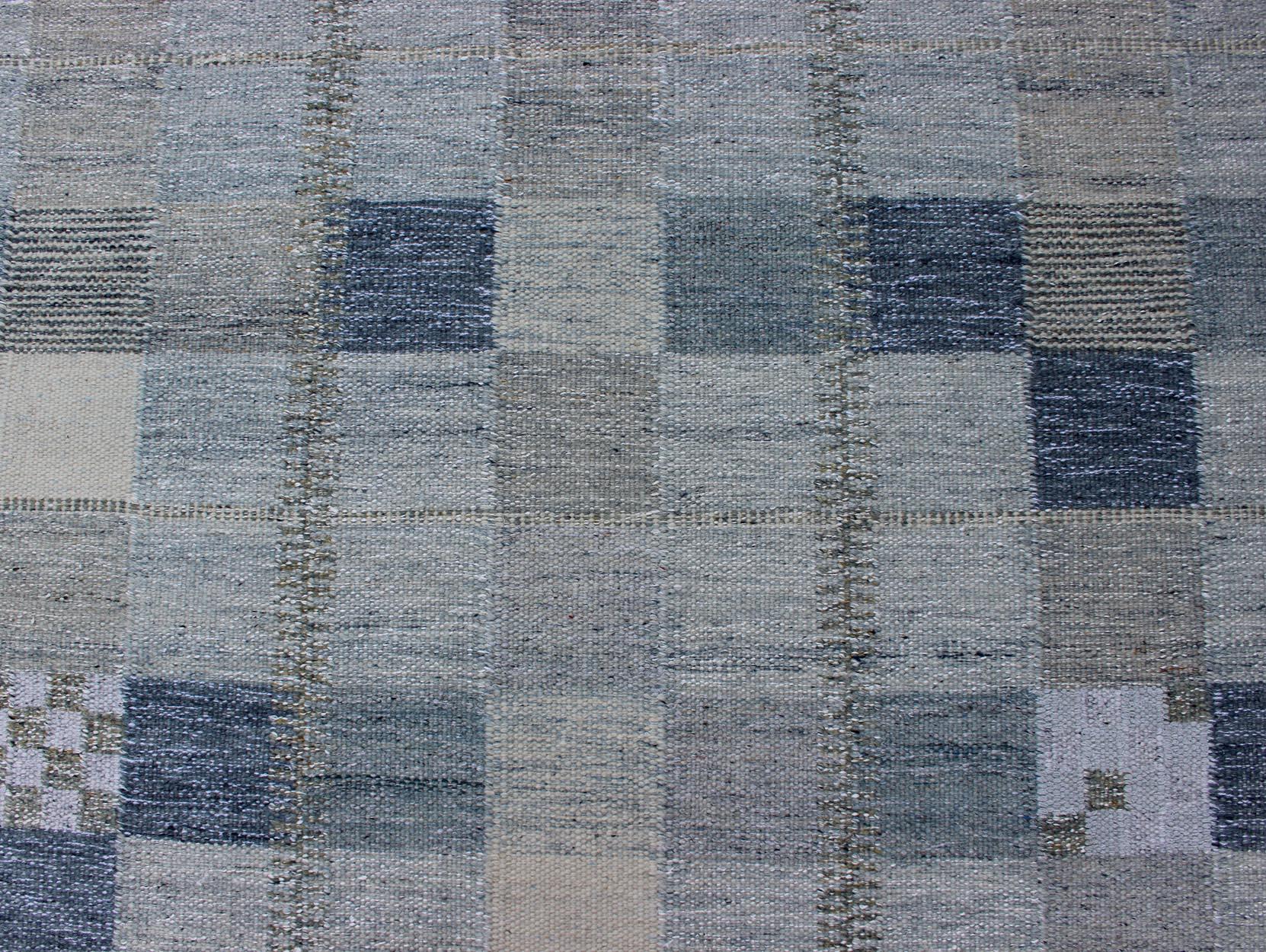 Scandinavian Style Flat-Weave Design Rug with Checkerboard Design in Gray, Blue For Sale 1