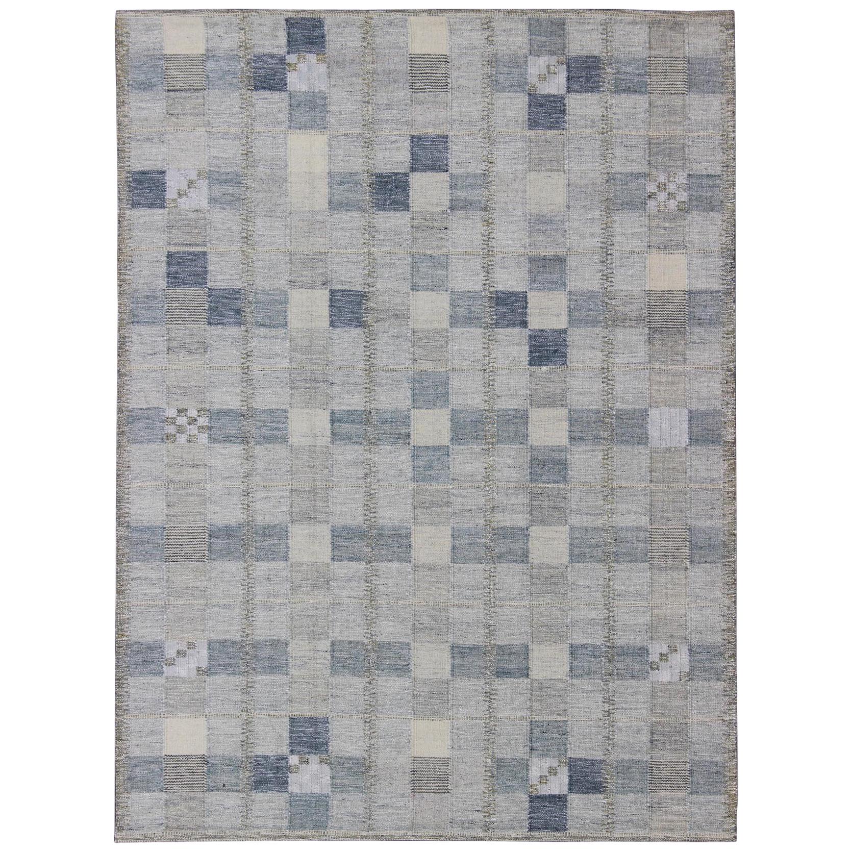 Scandinavian Flat-Weave Design Rug with Checkerboard Design in Gray and Blue