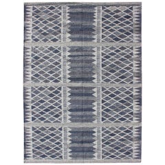 Scandinavian Flat-Weave Design Rug with Geometric Stripe Design in Gray and Blue