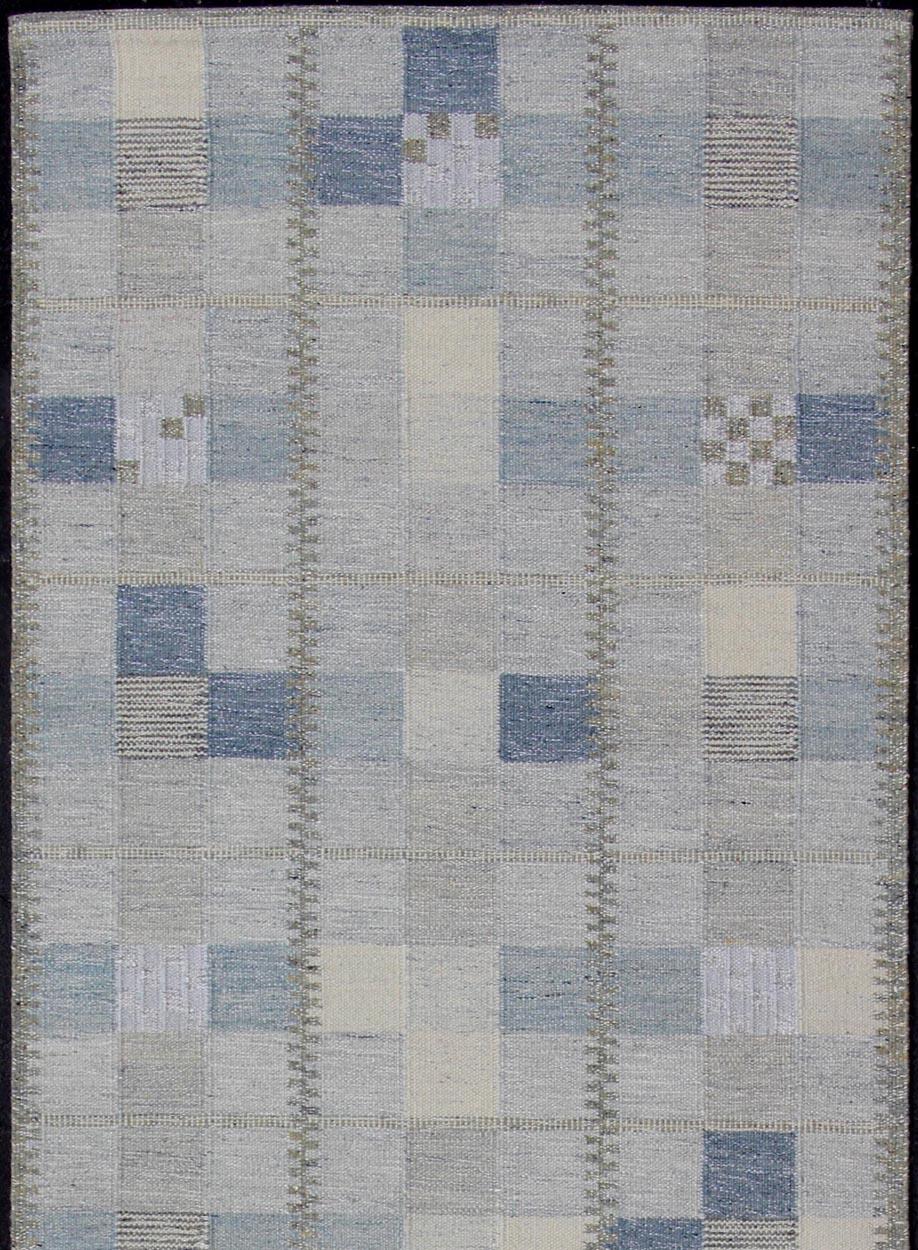 Indian Customizable Modern Scandinavian flat-weave Runner in Gray, Taupe and blue  For Sale