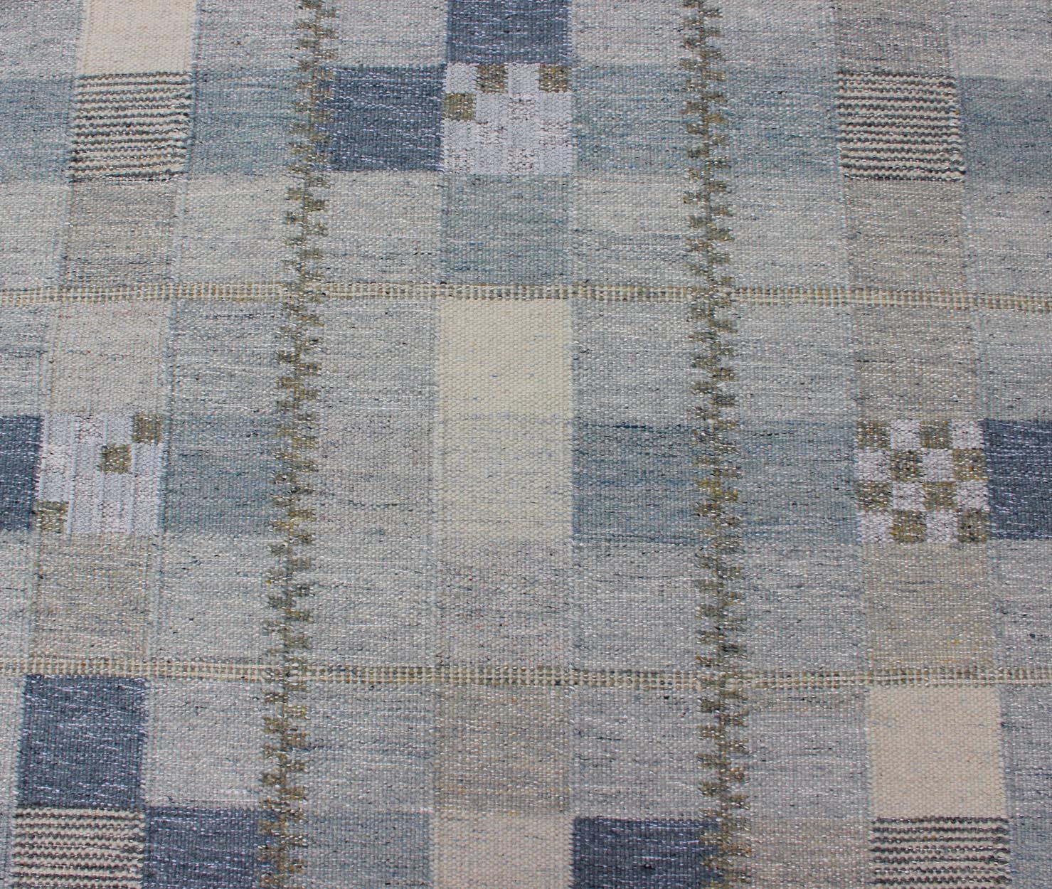 Contemporary Customizable Modern Scandinavian flat-weave Runner in Gray, Taupe and blue  For Sale