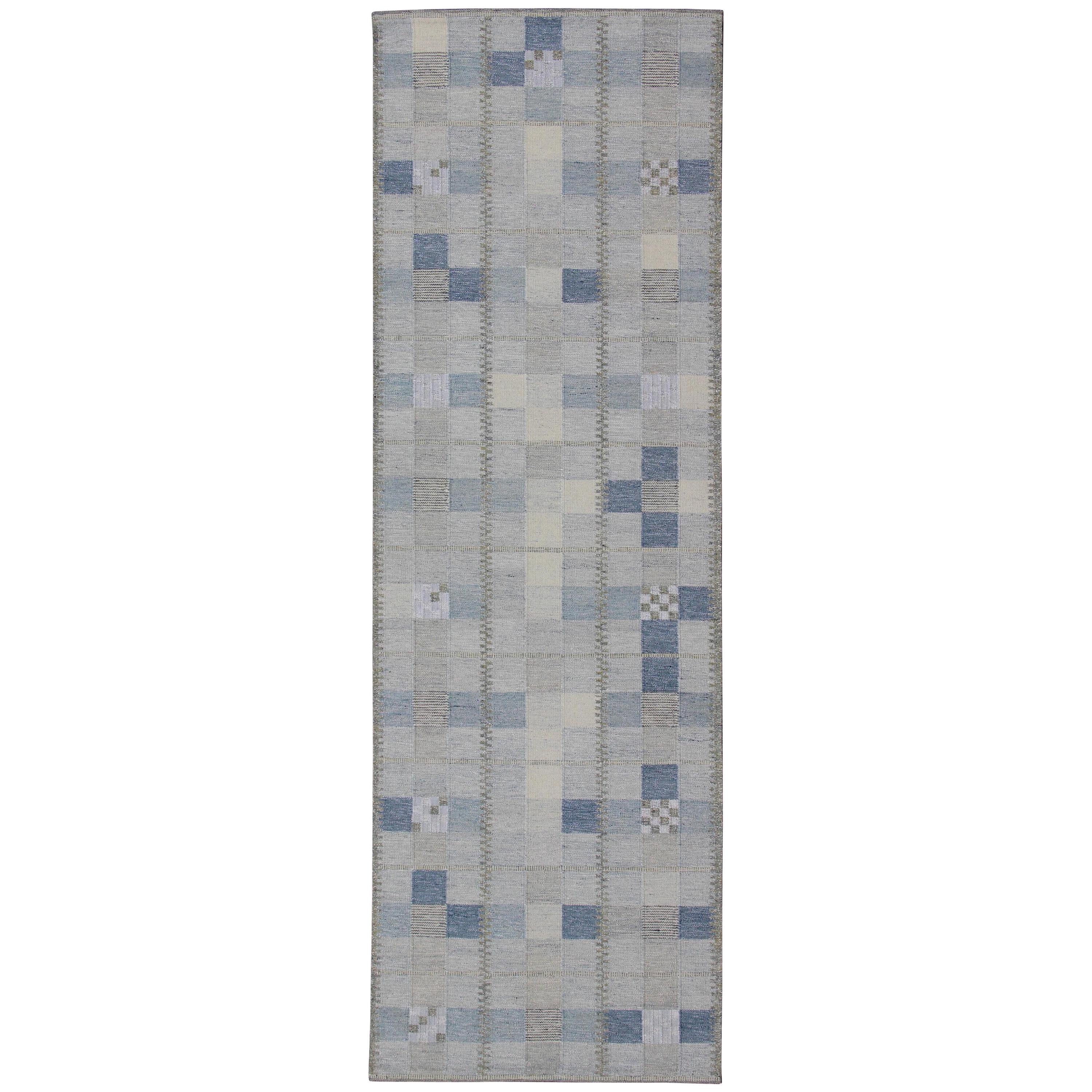 Customizable Modern Scandinavian flat-weave Runner in Gray, Taupe and blue  For Sale