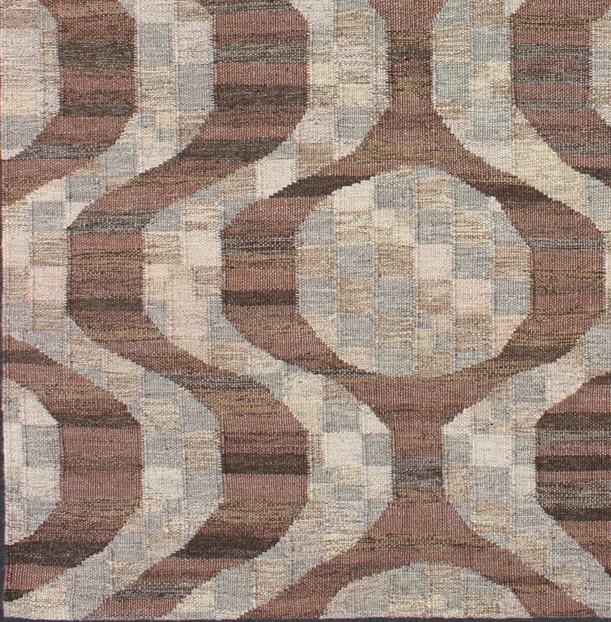 Modern Flat-Weave Rug in Brown, Coffee, Gray, Cream Rug/RJK-16222-SHB-044-03

Measures: 6'2 x 8'9.

This Scandinavian flat-weave rug is inspired by the work of Swedish textile designers of the early to mid-20th century. With a unique blend of