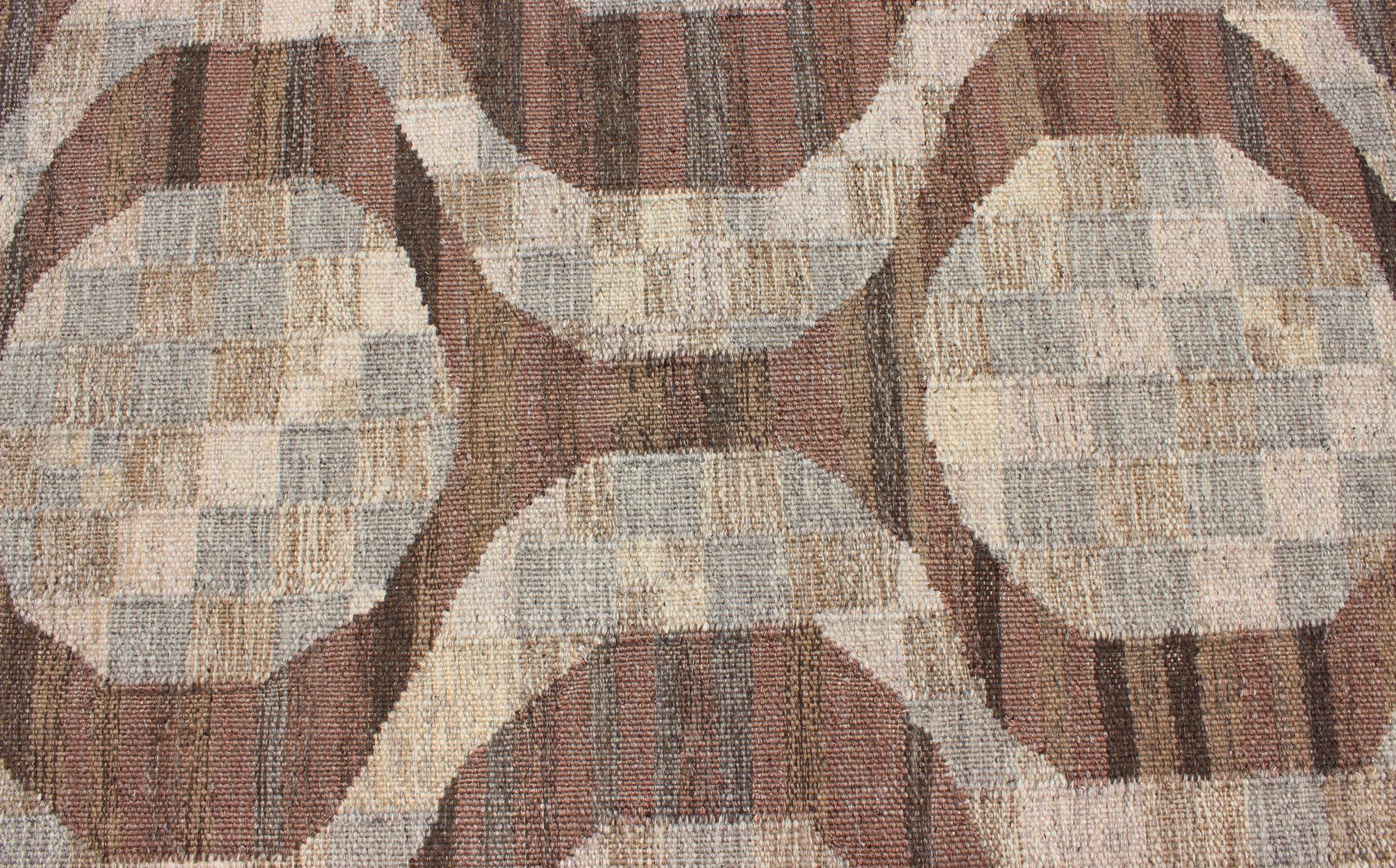 Wool Scandinavian Flat-Weave Rug With Modern Design in Brown, Coffee, Gray, Cream For Sale