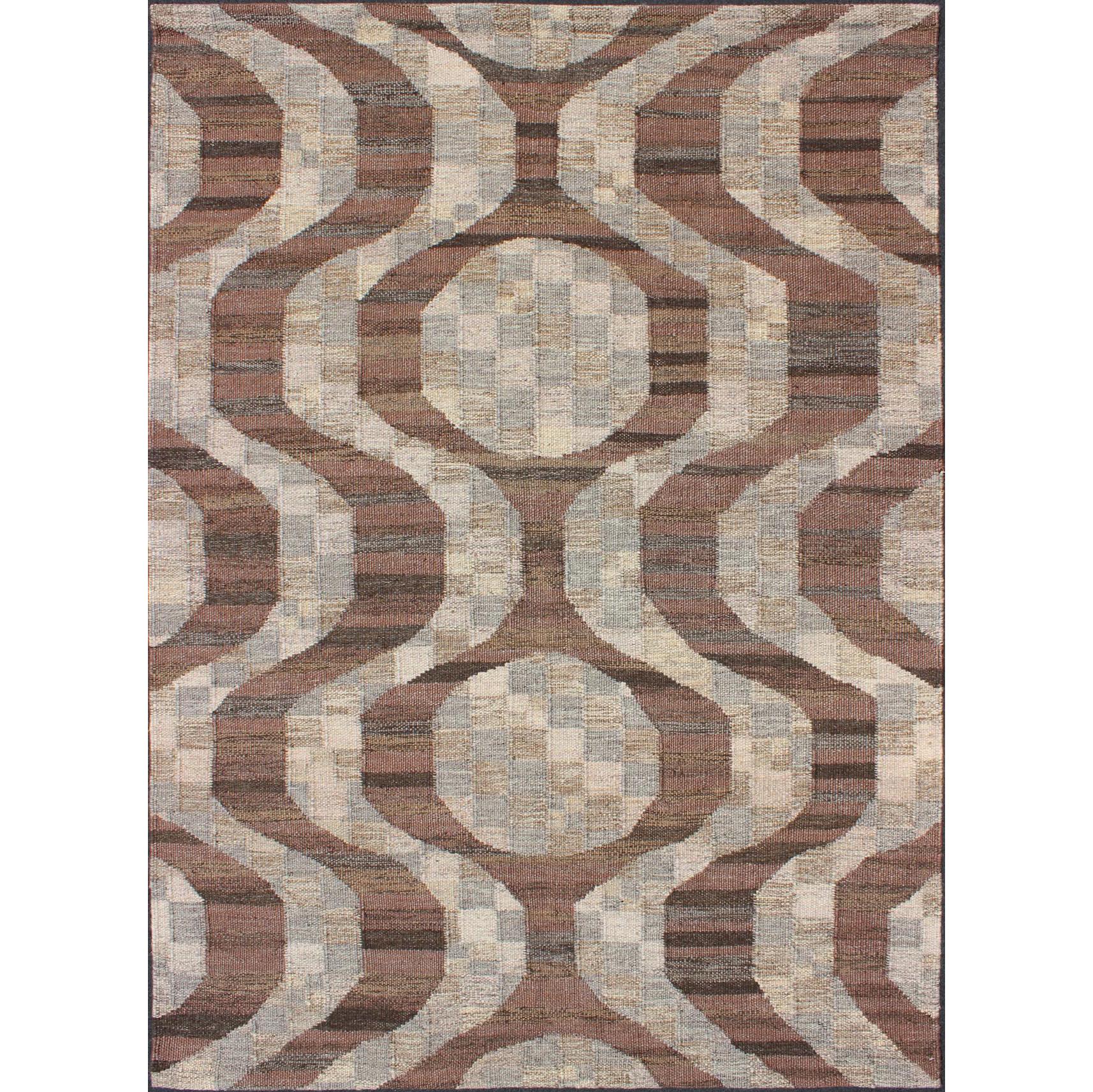 Scandinavian Flat-Weave Rug With Modern Design in Brown, Coffee, Gray, Cream For Sale