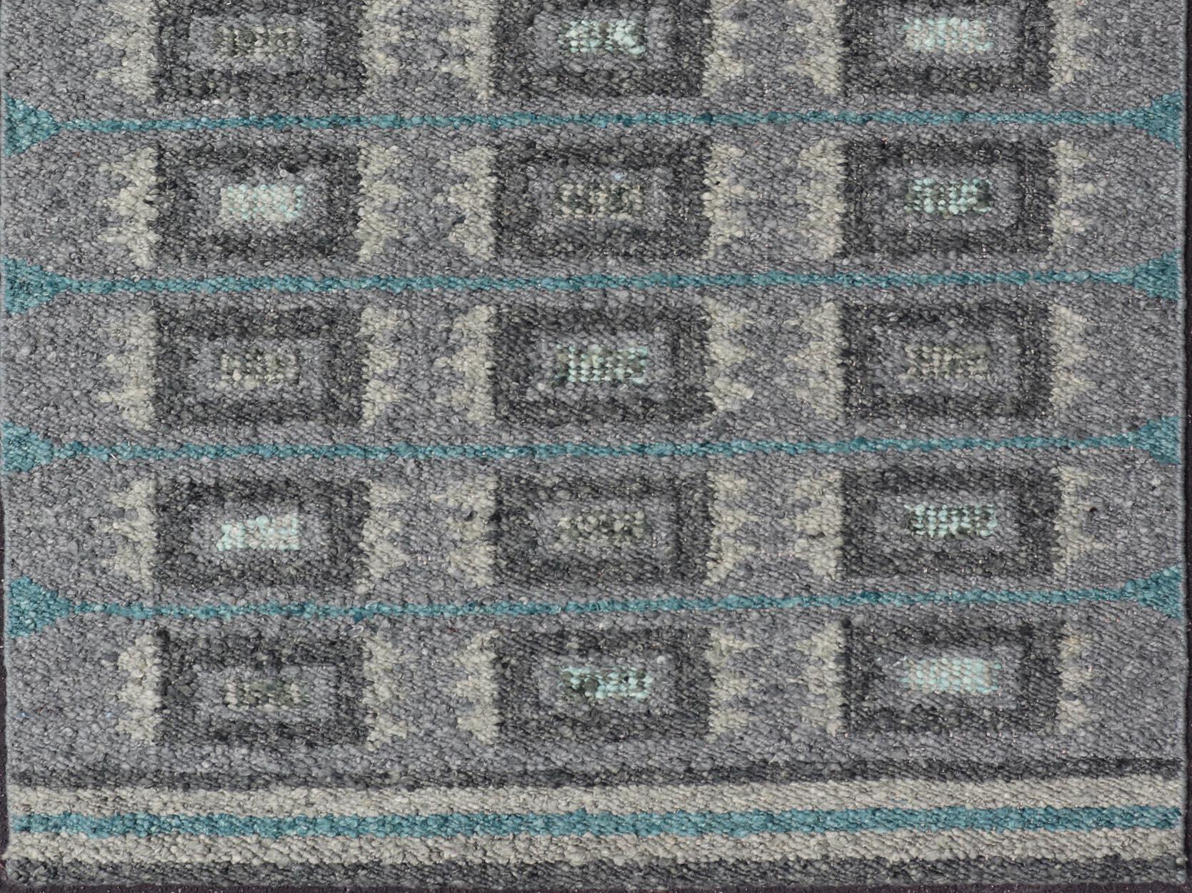 Scandinavian Modern Scandinavian Flat Weave Rug with Geometric Patterns in Cool Grays 4'4 x 5'11 For Sale