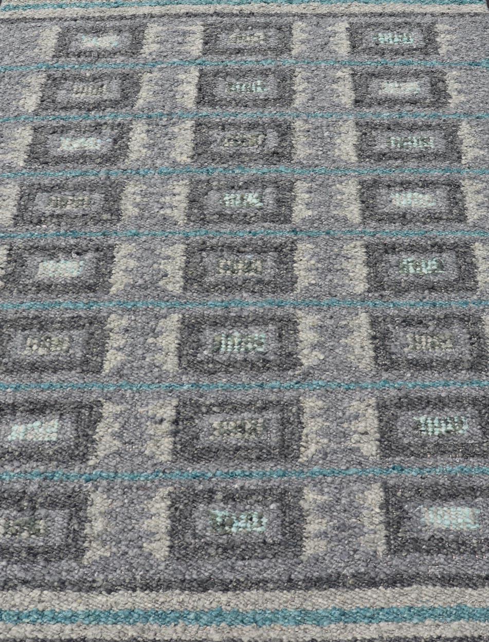 Indian Scandinavian Flat Weave Rug with Geometric Patterns in Cool Grays 4'4 x 5'11 For Sale