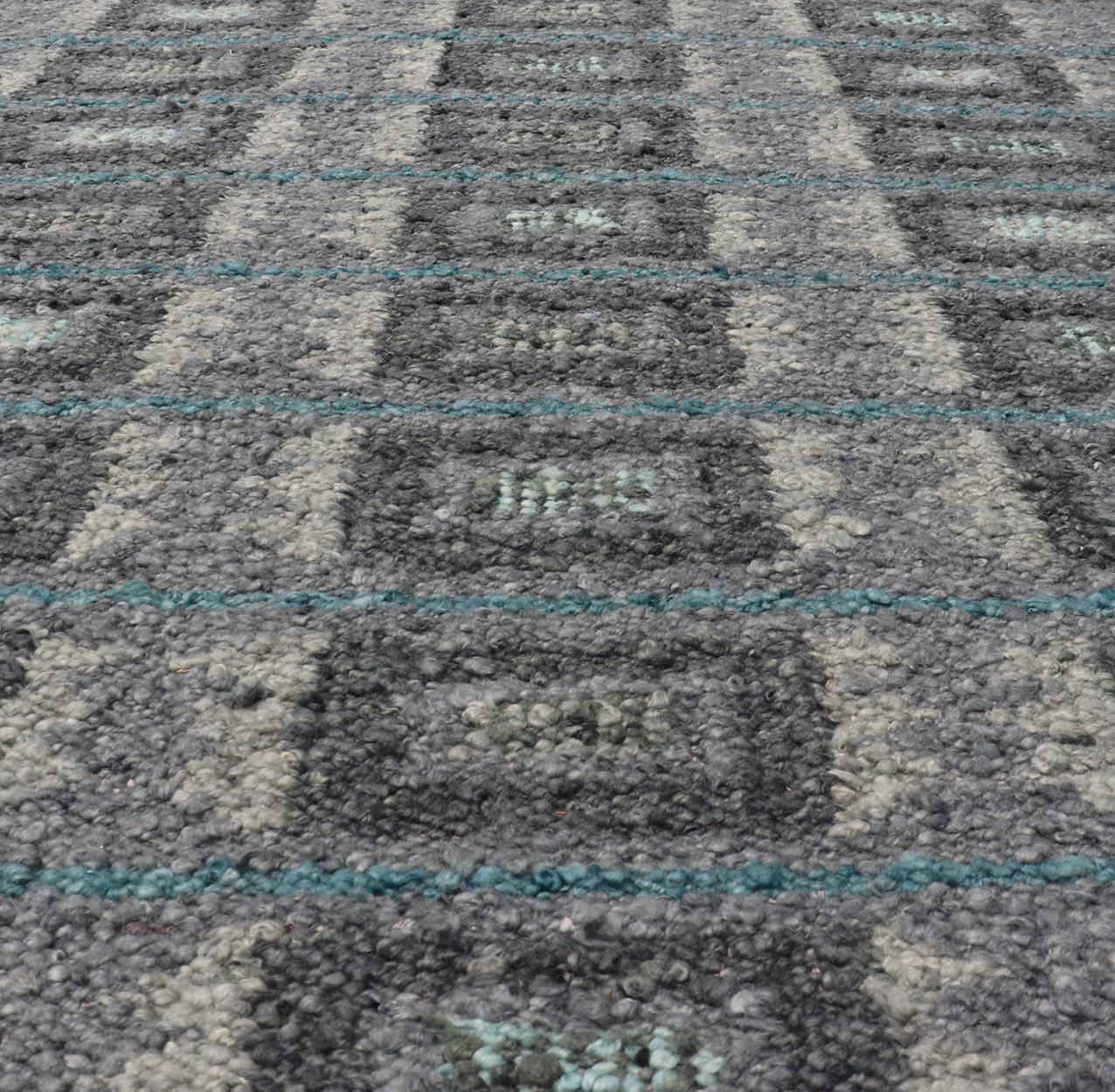 Hand-Woven Scandinavian Flat Weave Rug with Geometric Patterns in Cool Grays 4'4 x 5'11 For Sale