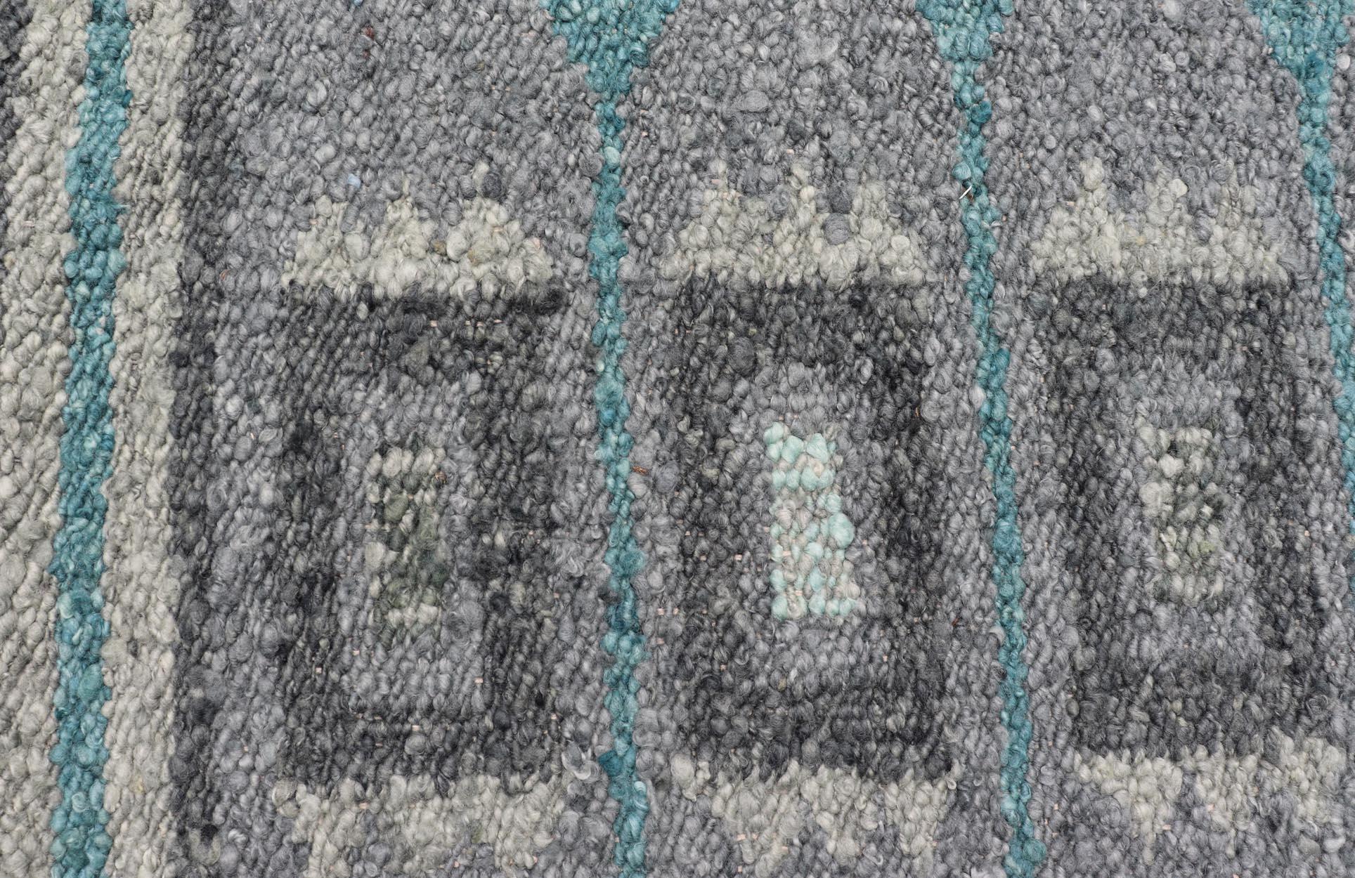 Scandinavian Flat Weave Rug with Geometric Patterns in Cool Grays 4'4 x 5'11 In New Condition For Sale In Atlanta, GA
