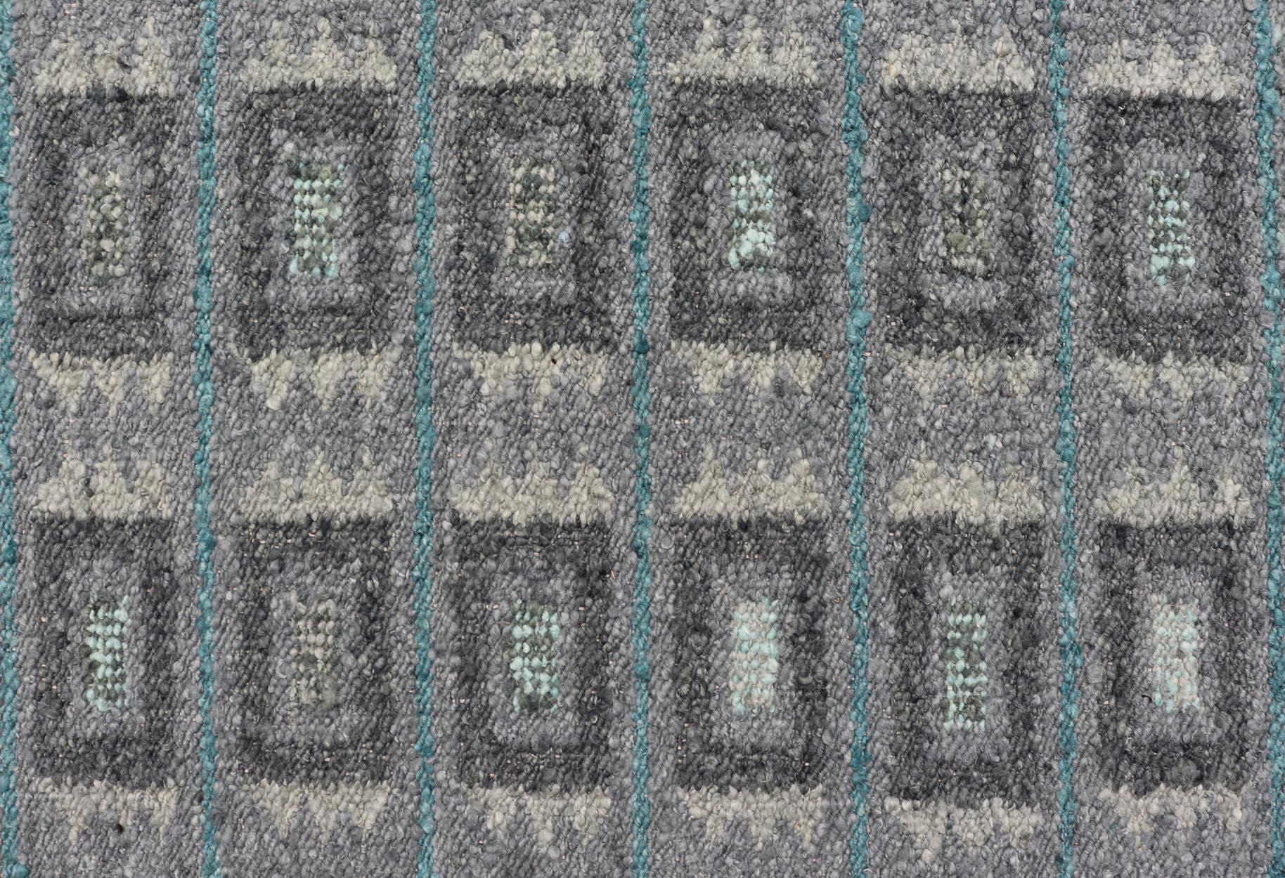 Contemporary Scandinavian Flat Weave Rug with Geometric Patterns in Cool Grays 4'4 x 5'11 For Sale