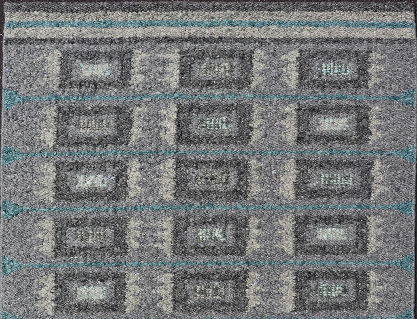 Wool Scandinavian Flat Weave Rug with Geometric Patterns in Cool Grays 4'4 x 5'11 For Sale