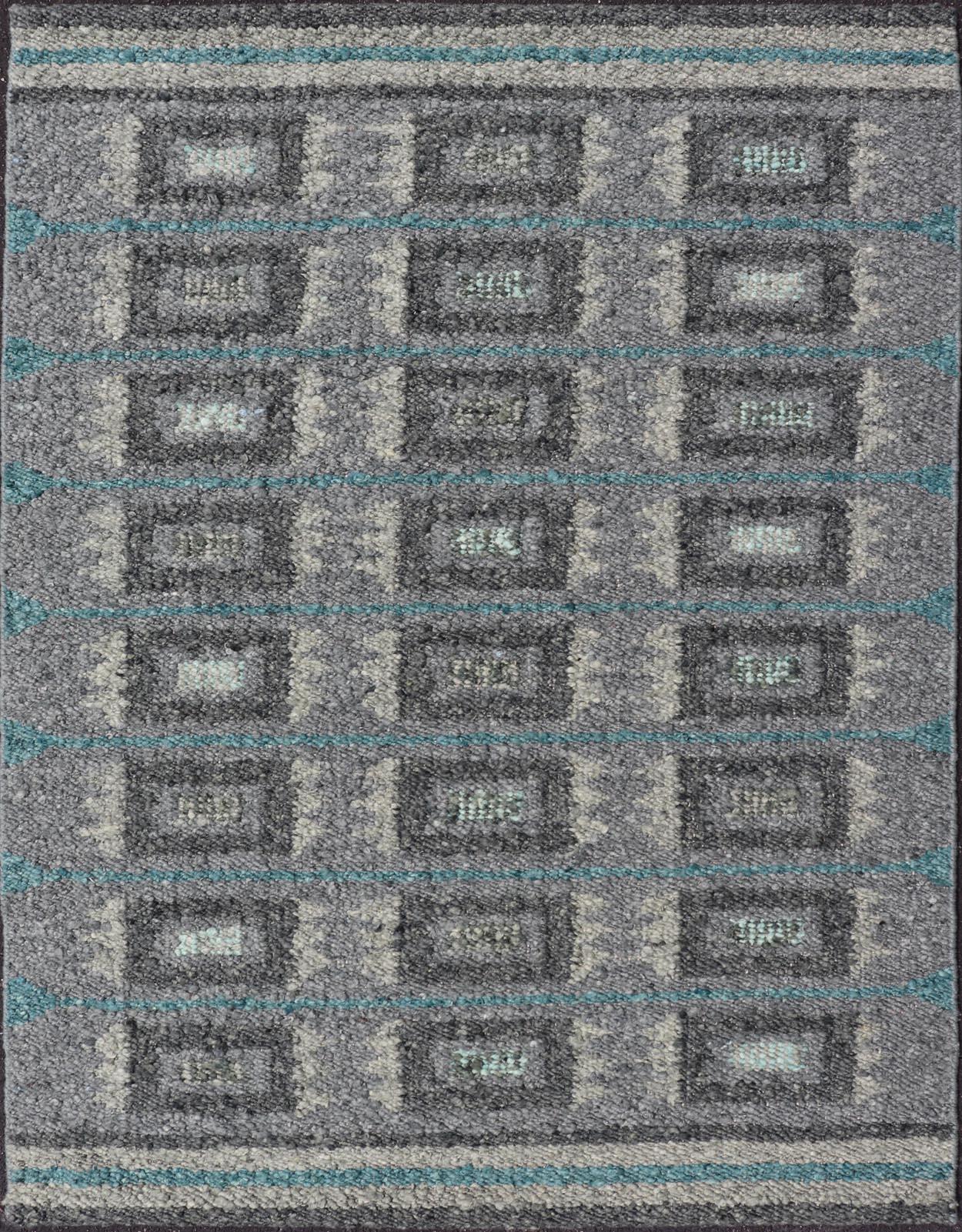 Scandinavian Flat Weave Rug with Geometric Patterns in Cool Grays 4'4 x 5'11