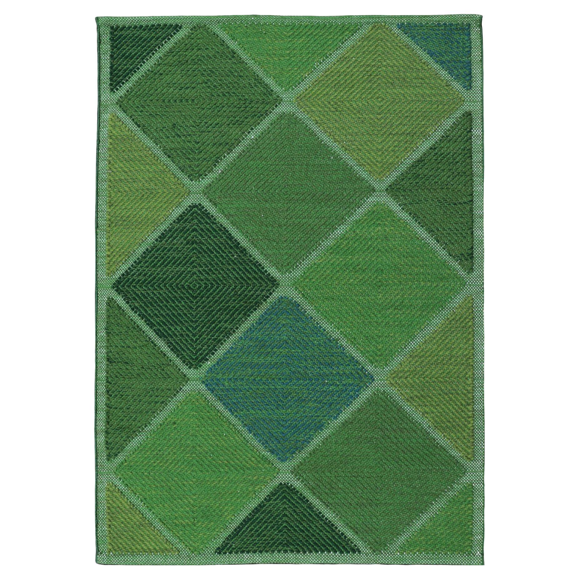 Scandinavian Flat Weave Rug with Geometric Patterns in Lush Greens 4'0 x 6'2
