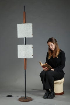 Scandinavian Floor Lamp in Black Lacquered Steel and Teak with Two Granite Persp