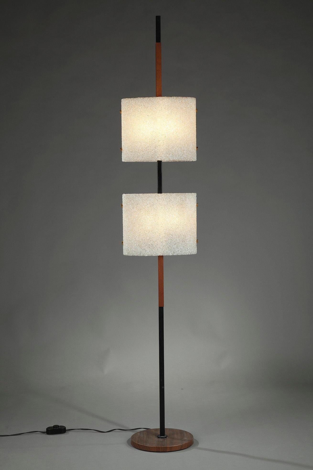 Scandinavian Modern Scandinavian Floor Lamp in Black Lacquered Steel and Teak with Two Granite Persp For Sale