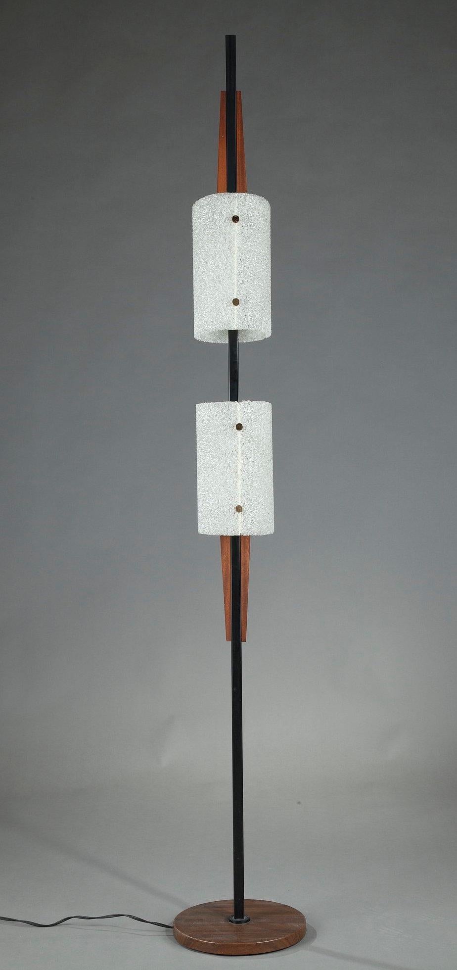 French Scandinavian Floor Lamp in Black Lacquered Steel and Teak with Two Granite Persp For Sale