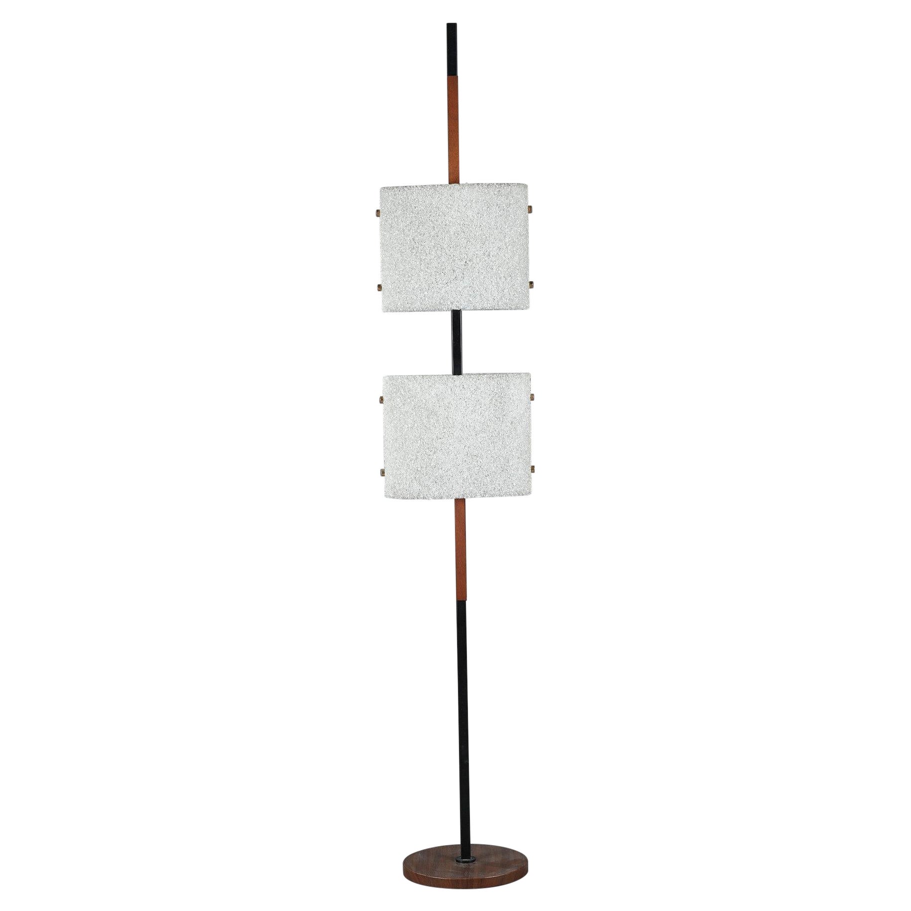 Scandinavian Floor Lamp in Black Lacquered Steel and Teak with Two Granite Persp For Sale