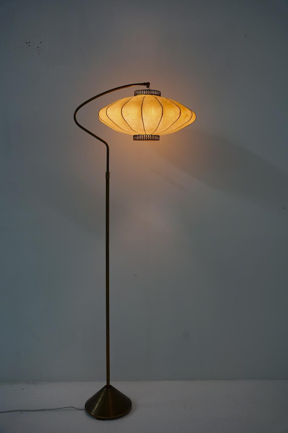 Scandinavian Floor Lamp in Brass with Cocoon Shade 1