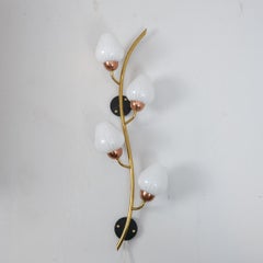 Scandinavian Floral Wall Lamp, Brass, Copper, Black Metal & White Glass, 1960s