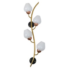 Scandinavian Floral Wall Lamp, Brass, Copper, Black Metal & White Glass, 1960s