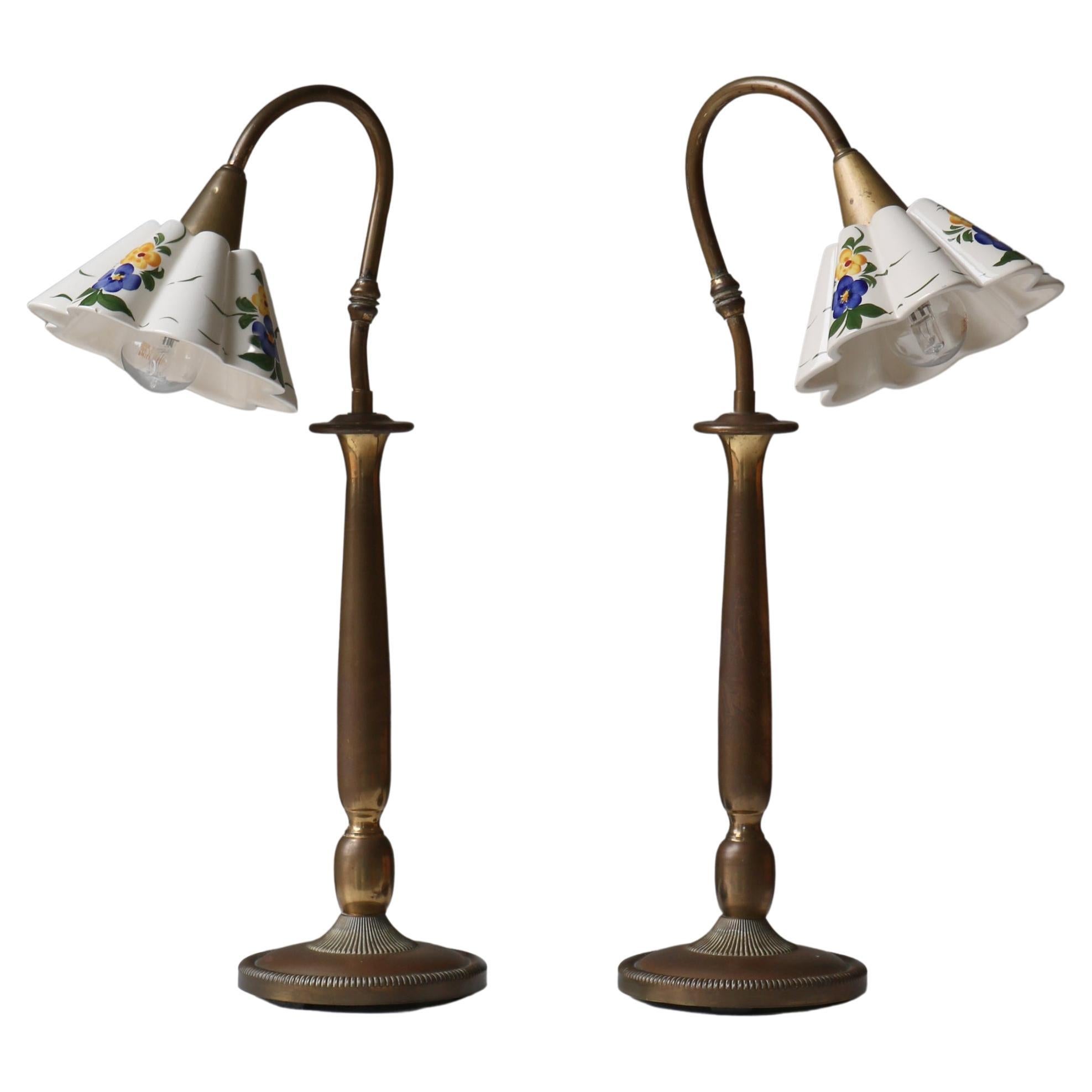 Scandinavian "Flower" Table Lamps in Brass and Faience by Svend Mejlstrøm, 1960s For Sale