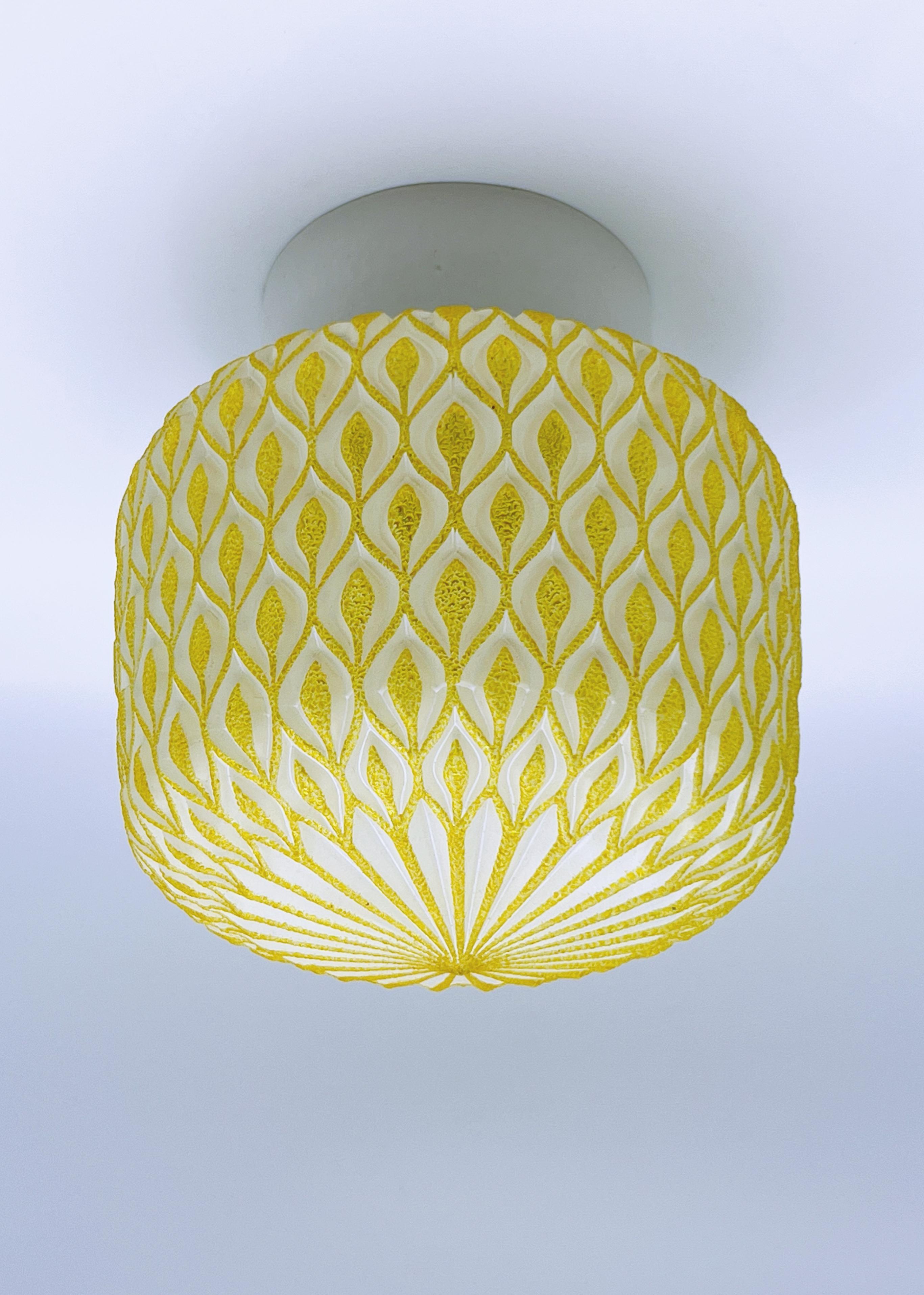 Scandinavian Modern Scandinavian Flush Mount Ceiling Lamp, Yellow and White Glass, c.1950s. For Sale