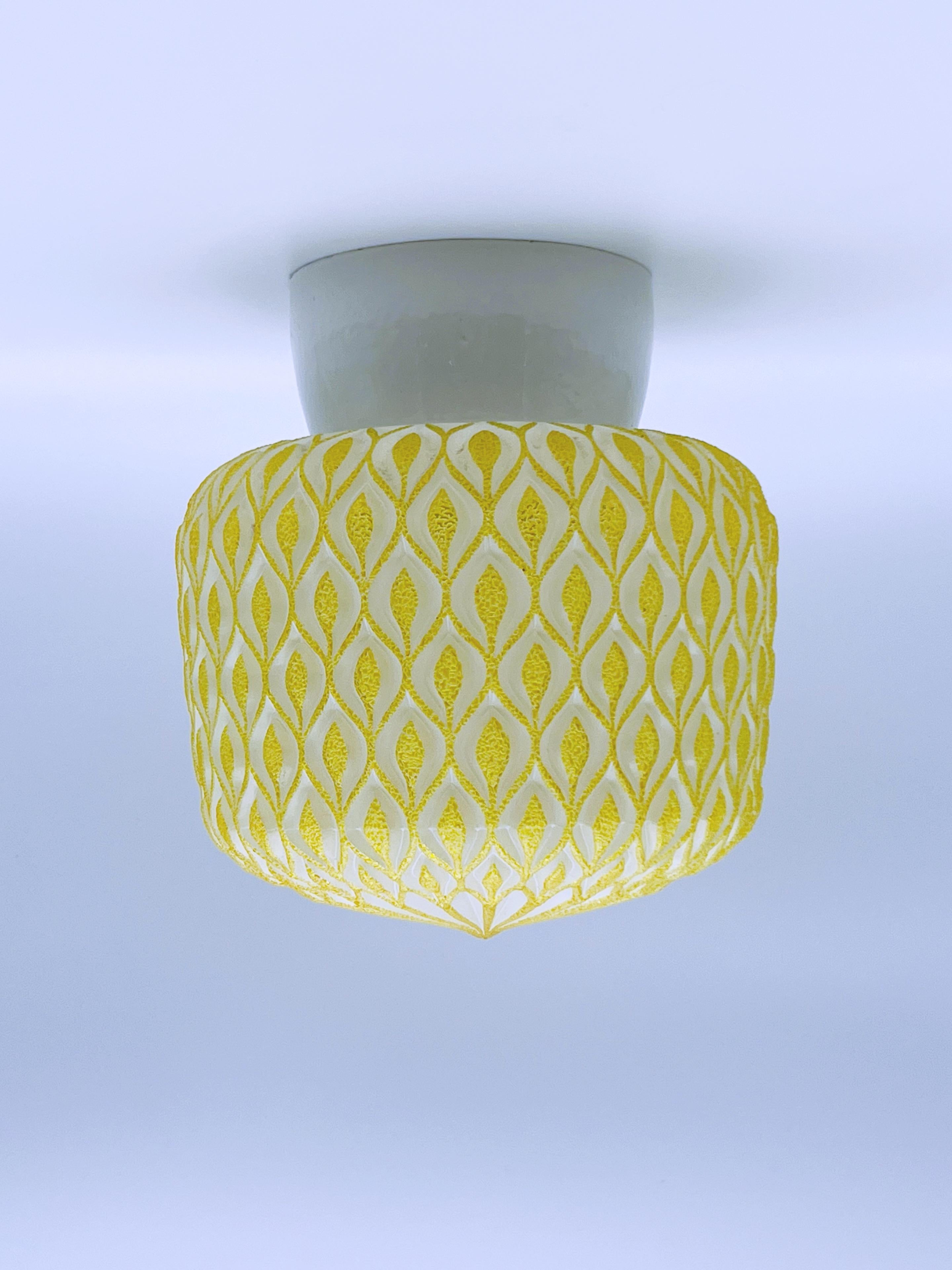 20th Century Scandinavian Flush Mount Ceiling Lamp, Yellow and White Glass, c.1950s. For Sale