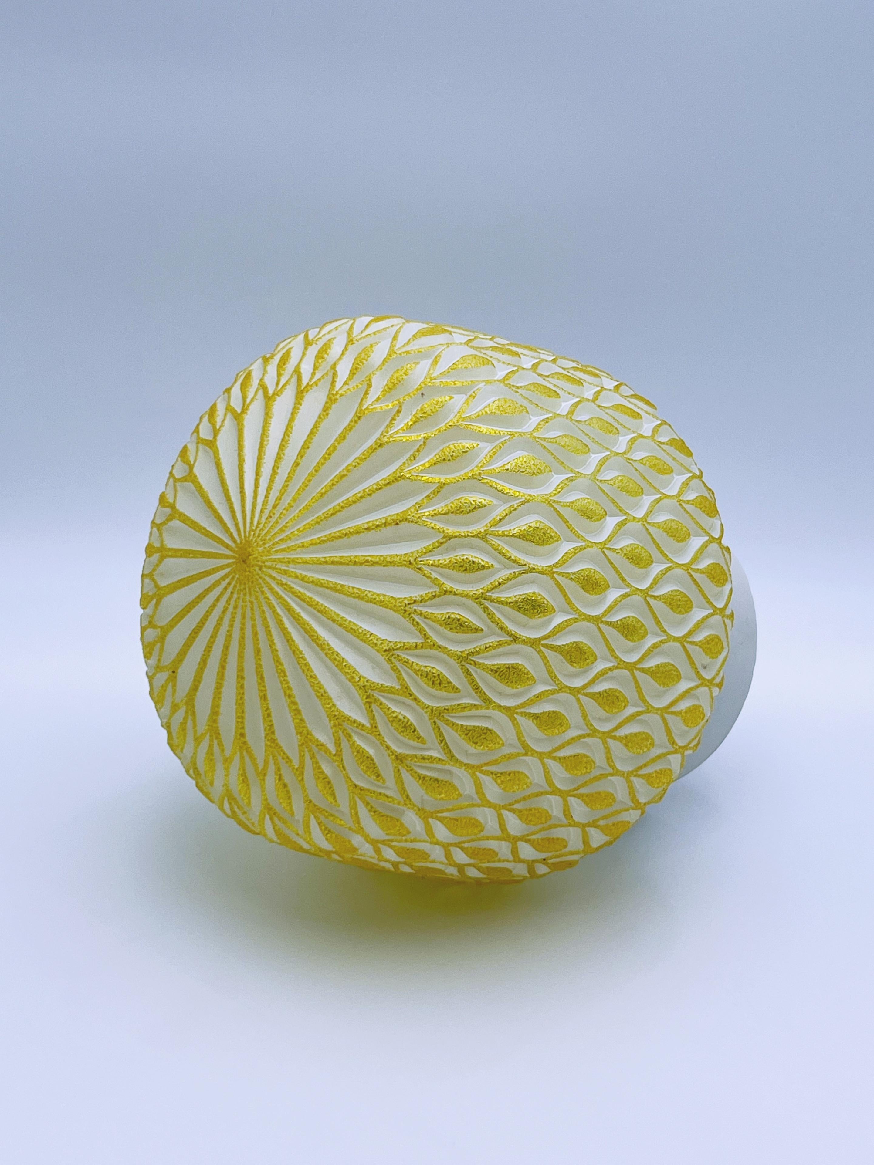 Porcelain Scandinavian Flush Mount Ceiling Lamp, Yellow and White Glass, c.1950s. For Sale