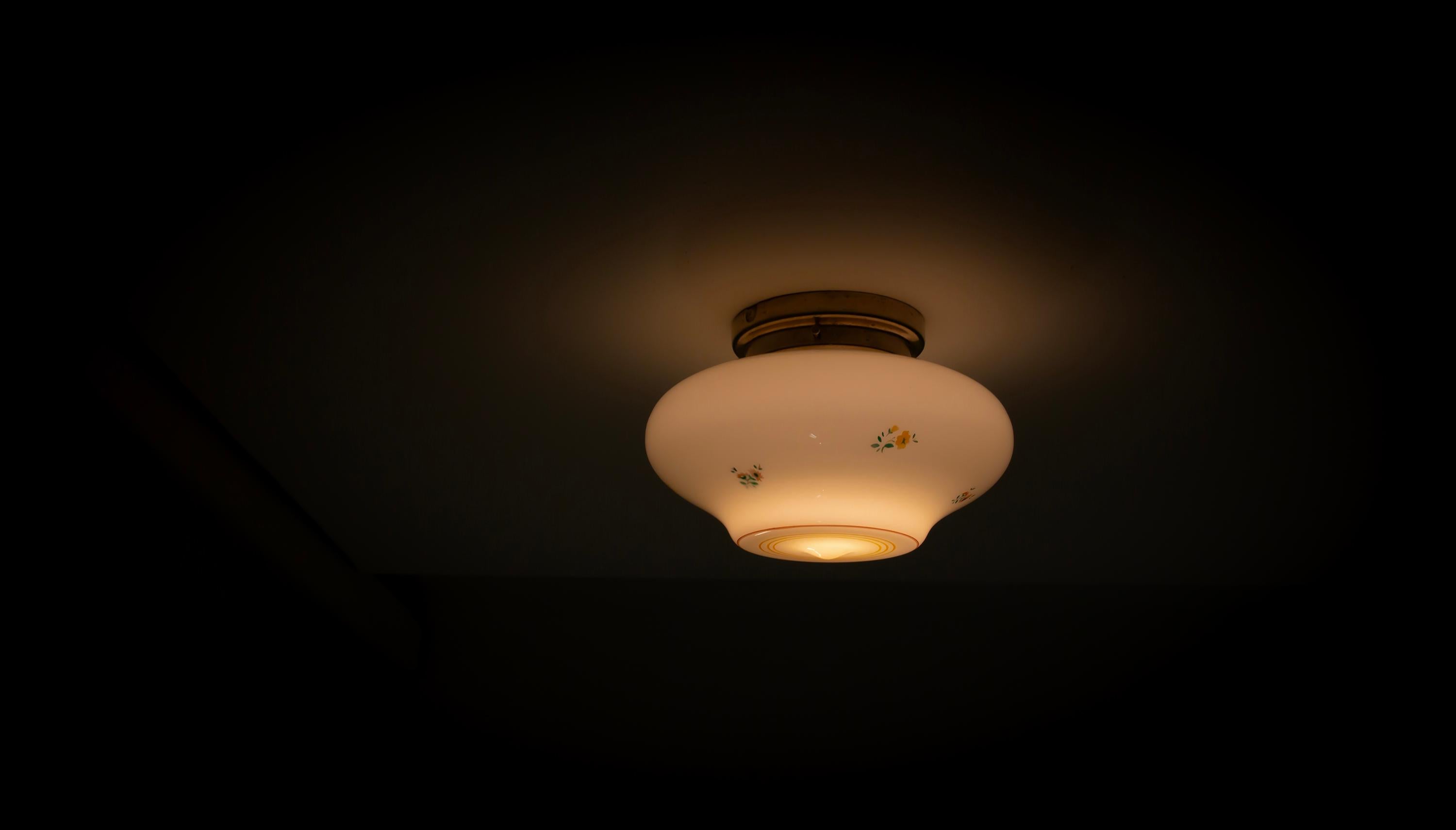 Opaline Glass Scandinavian Flush Mount Ceiling Light, 1950s For Sale