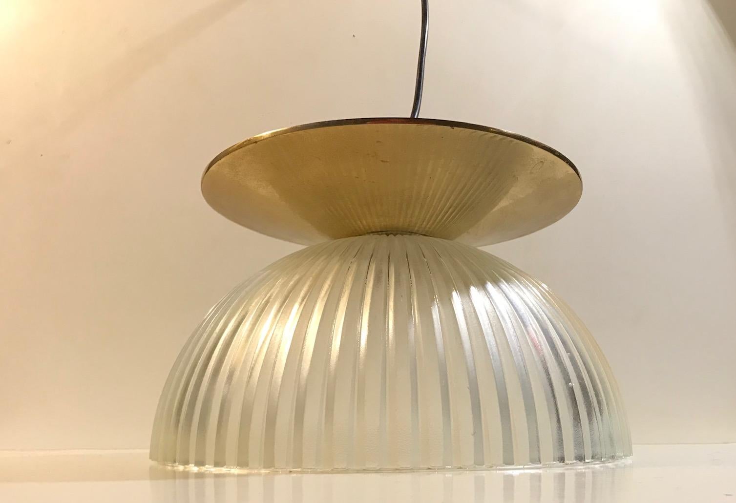 Scandinavian Modern Scandinavian Fluted Glass and Brass Ceiling Lamp, 1970s For Sale