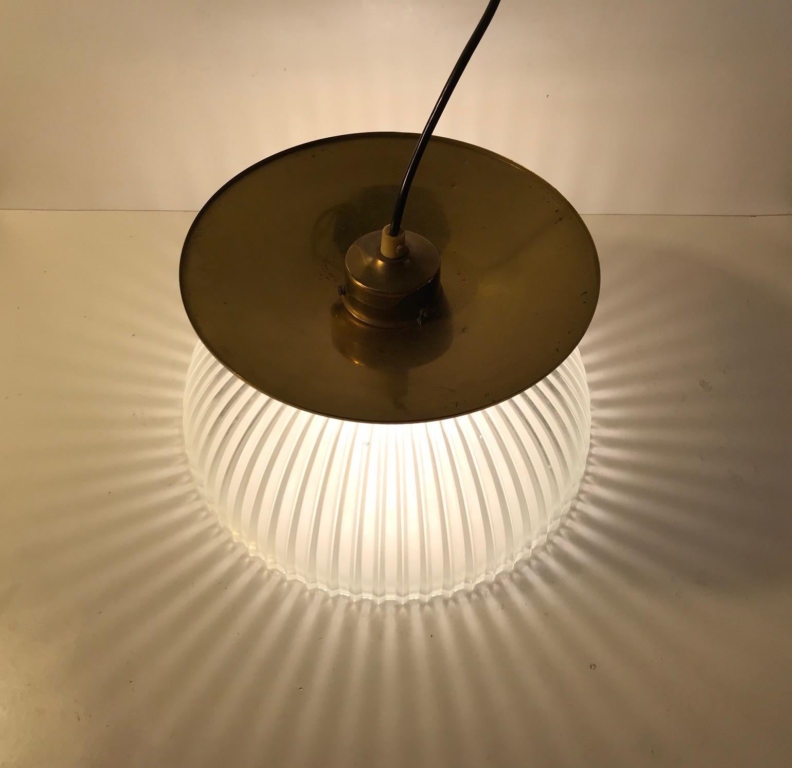 Scandinavian Fluted Glass and Brass Ceiling Lamp, 1970s For Sale 1