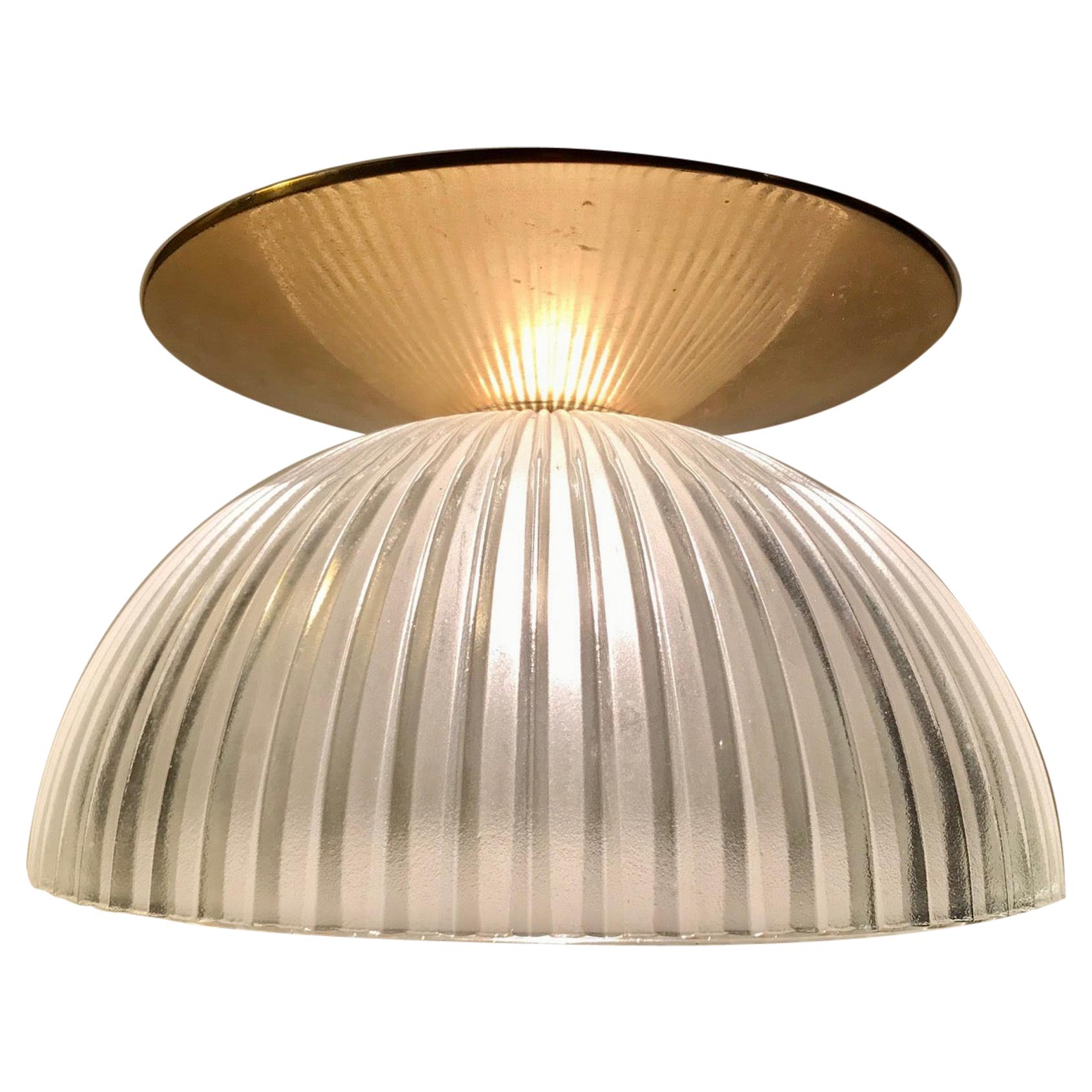 Scandinavian Fluted Glass and Brass Ceiling Lamp, 1970s For Sale