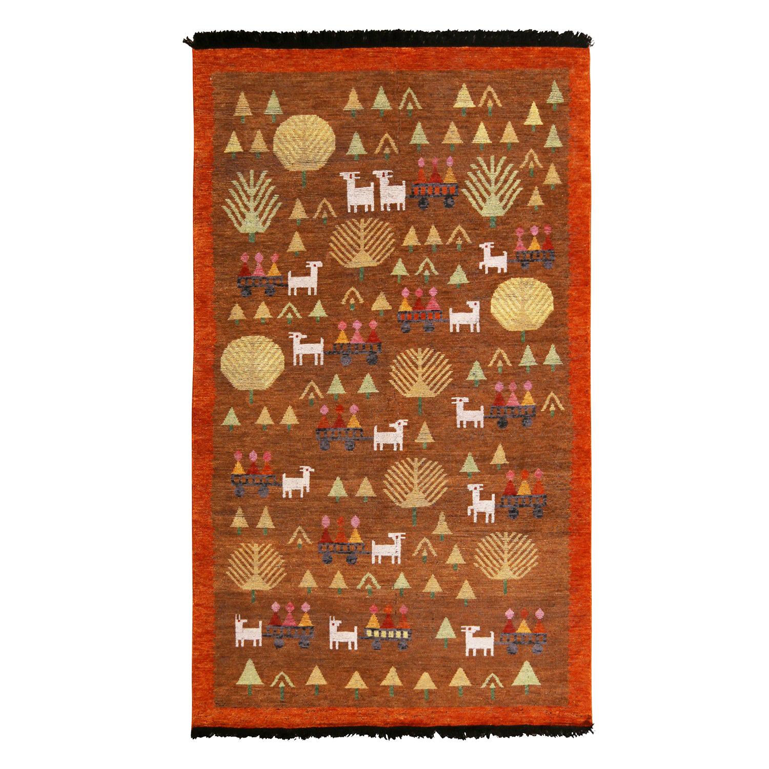 Tapis pictural marron et rouge inspiré de l
art populaire scandinave par Rug
Kilim