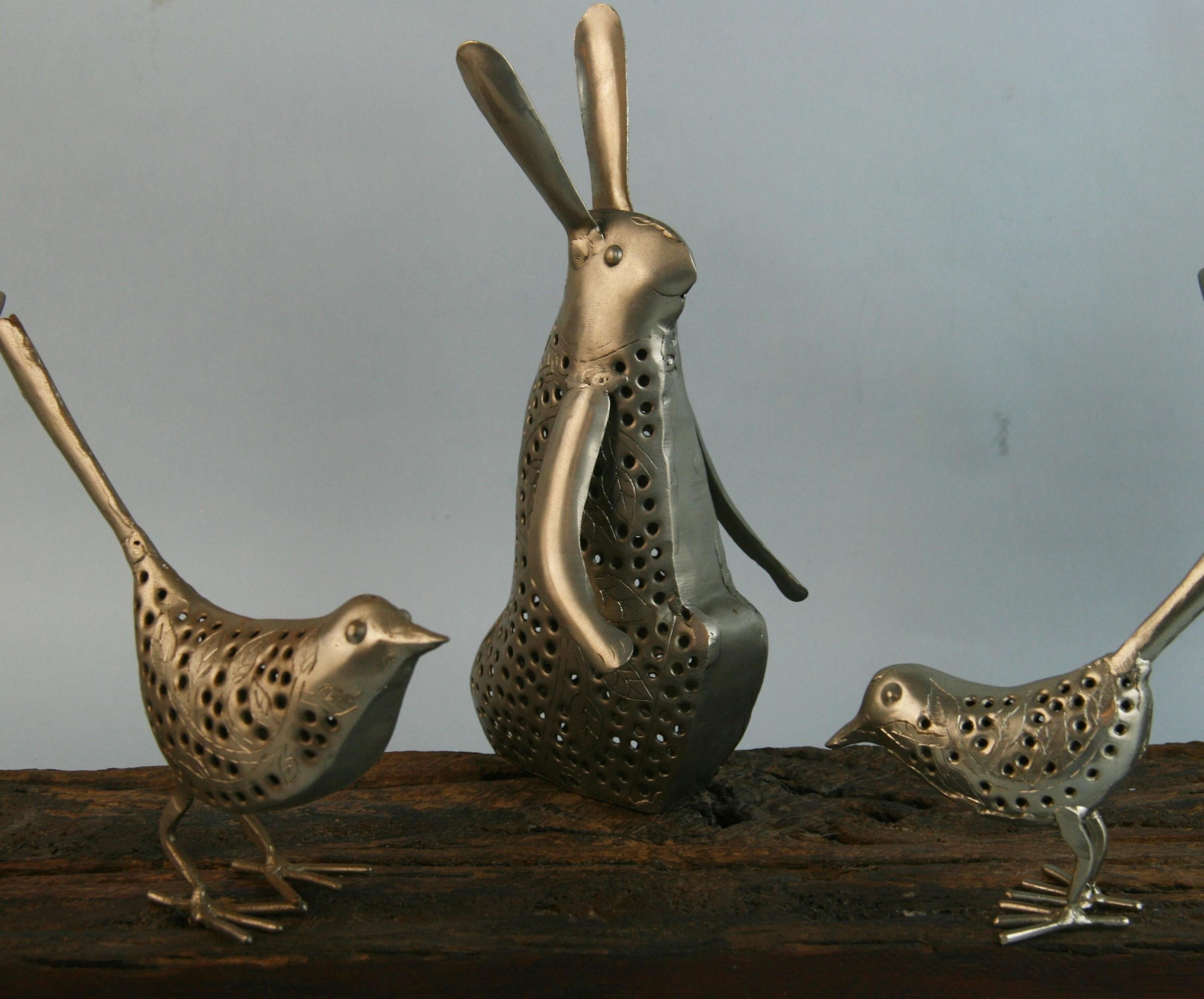Scandinavian Folk Art Silvered Rabbit and Birds Candleholder/Centerpiece In Good Condition For Sale In Douglas Manor, NY
