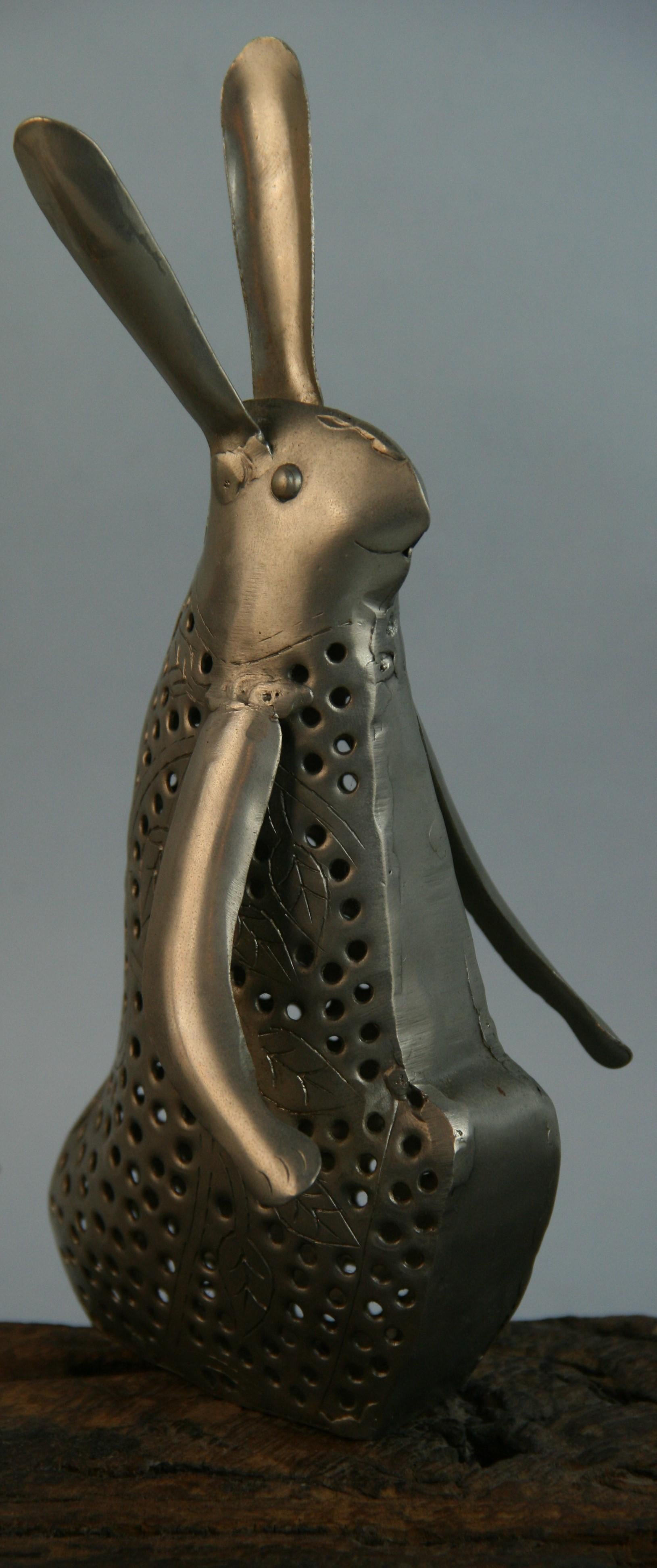 Metal Scandinavian Folk Art Silvered Rabbit and Birds Candleholder/Centerpiece For Sale