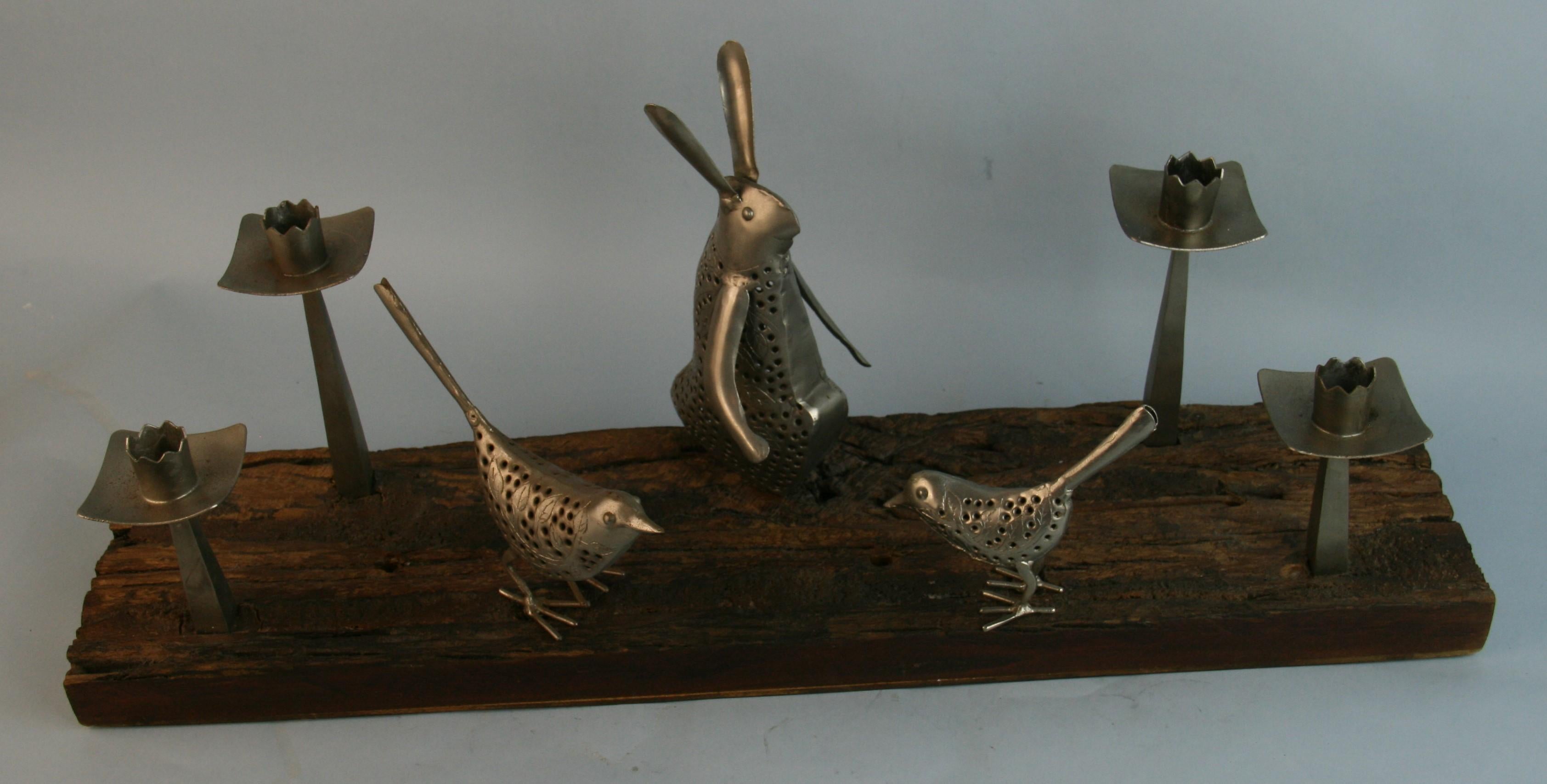 Scandinavian Folk Art Silvered Rabbit and Birds Candleholder/Centerpiece For Sale 2