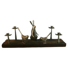 Retro Scandinavian Folk Art Silvered Rabbit and Birds Candleholder/Centerpiece