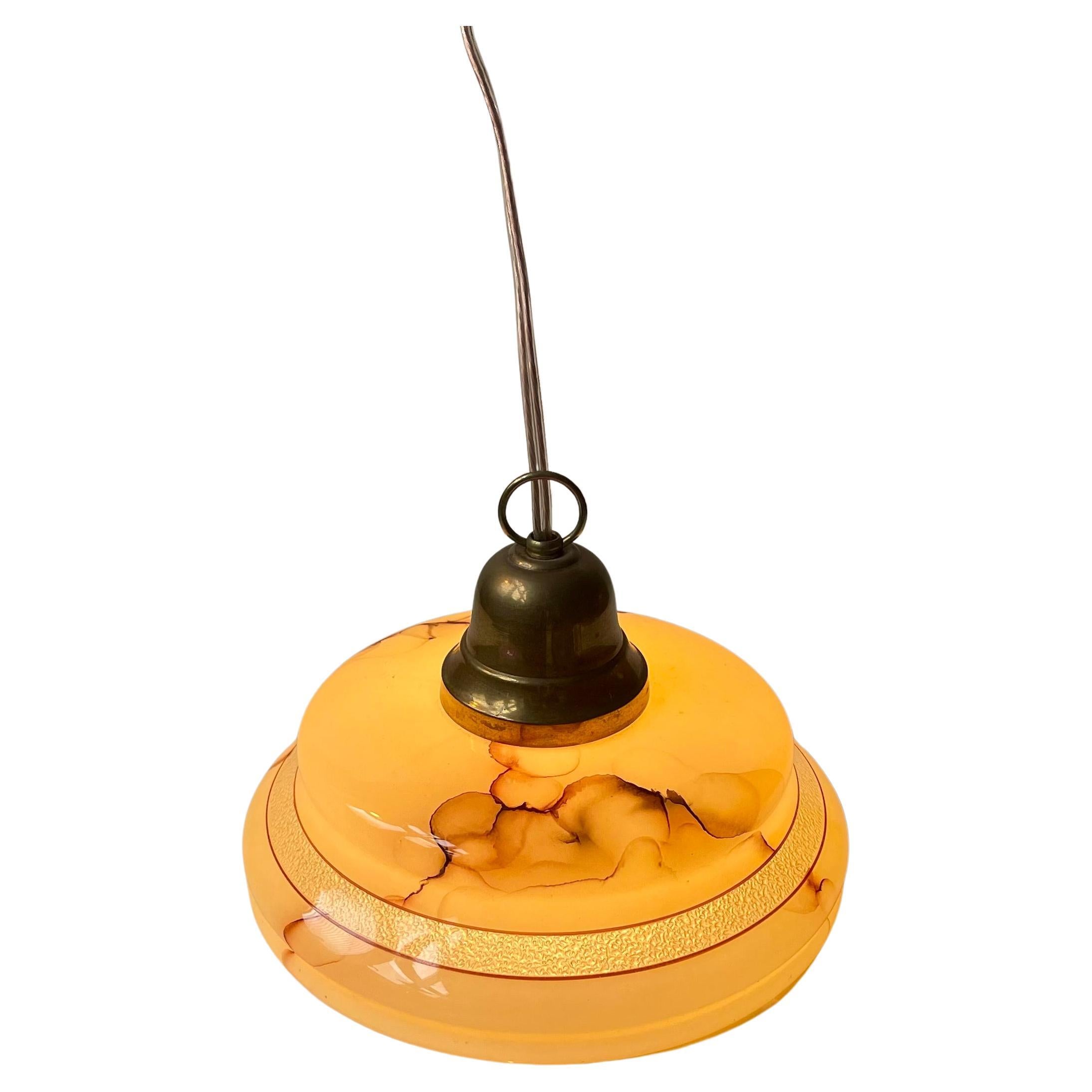 Lampada da soffitto scandinava funzionalista in ottone e vetro marmorizzato, anni '40
