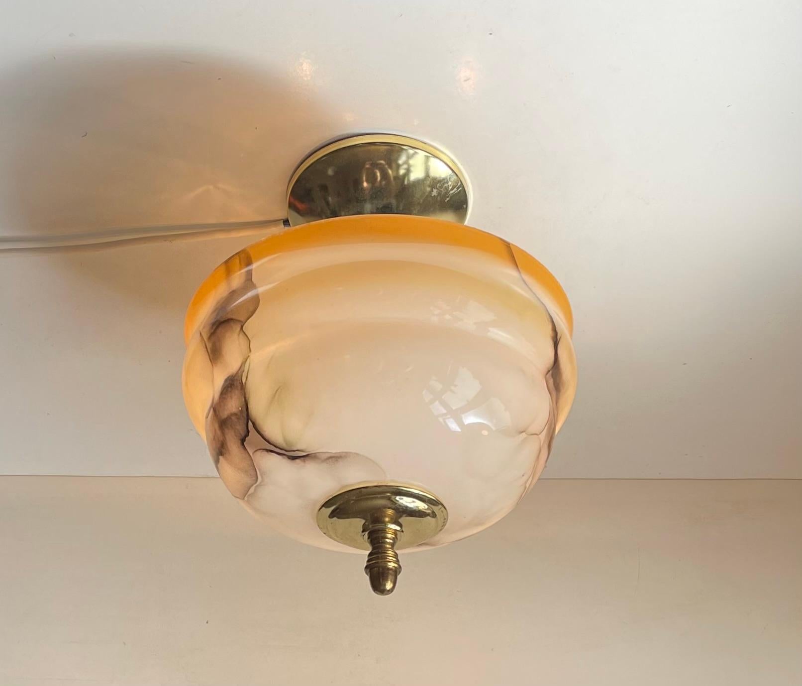 Art Deco Scandinavian Functionalist Ceiling Lamp in Marbled Opaline Glass & Brass 
