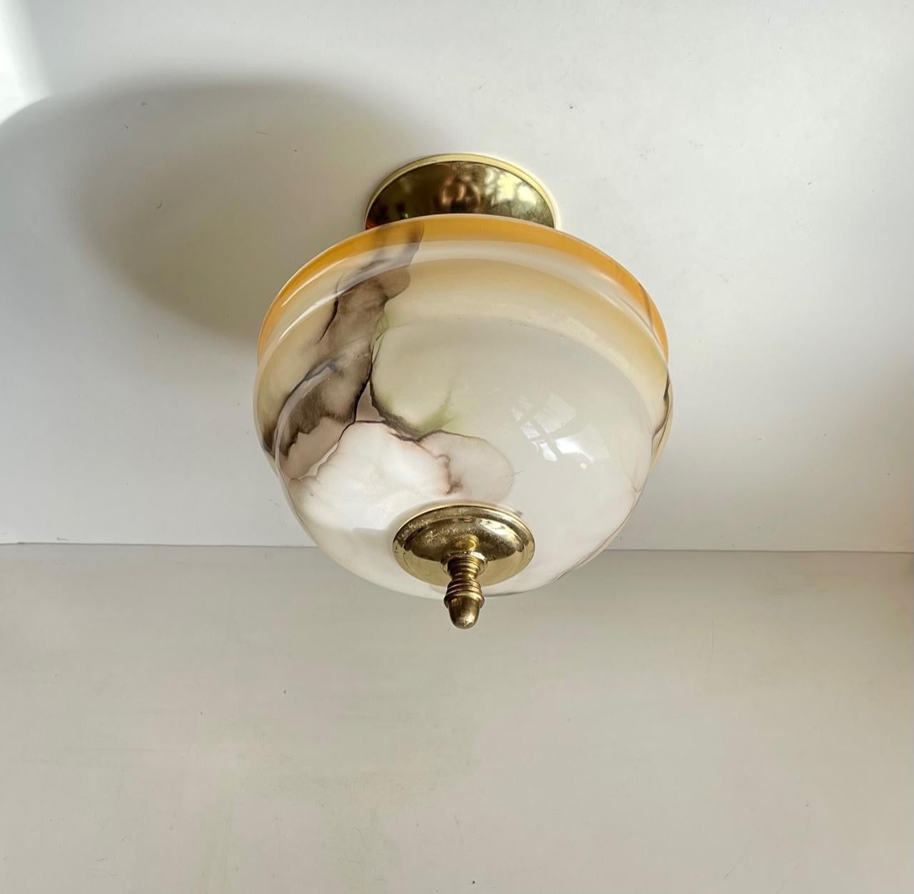 Scandinavian Functionalist Ceiling Lamp in Marbled Opaline Glass & Brass  In Good Condition In Esbjerg, DK