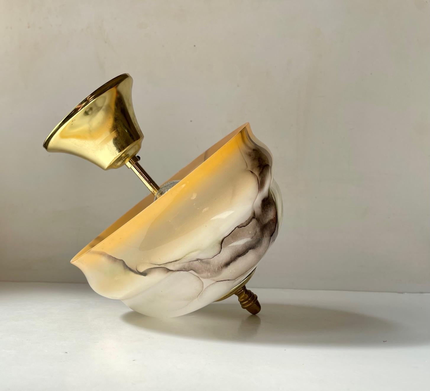 Scandinavian Functionalist Ceiling Lamp in Marbled Opaline Glass & Brass  3